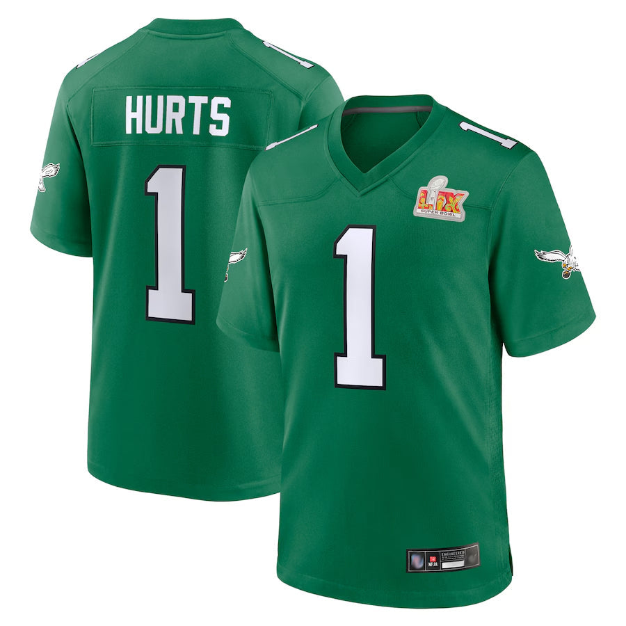 #1 Jalen Hurts Player Kelly Green P.Eagles Super Bowl LIX 2nd Alternate Game Football Jerseys