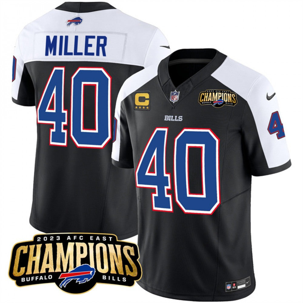 Men's Buffalo Bills #44.8 Von Miller Black/White 2023 F.U.S.E. AFC East Champions With 4-star C Ptach Stitched Football Jersey