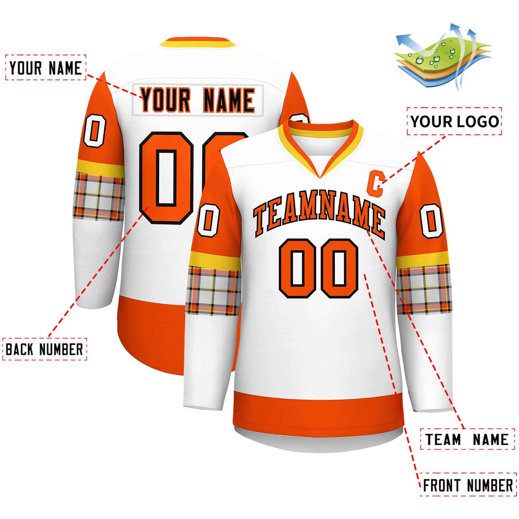 Custom White Orange-Yellow Personalized Raglan Sleeves V-Neck Hockey Jersey