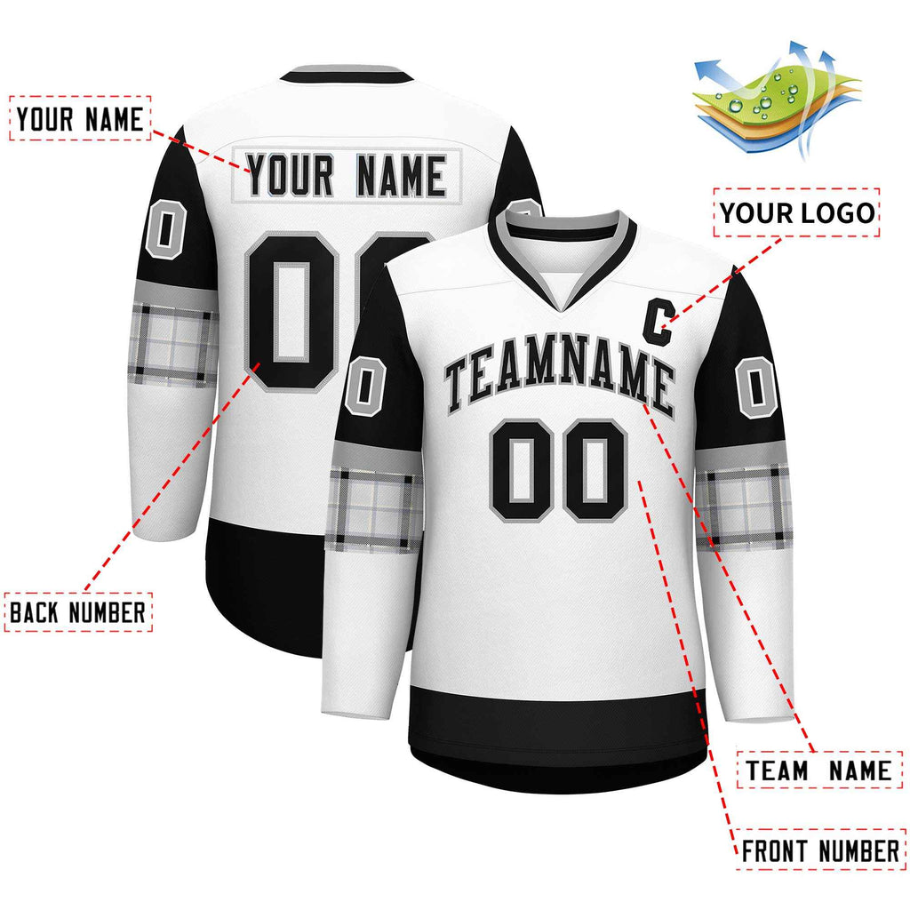 Custom White Black-Gray Personalized Raglan Sleeves V-Neck Hockey Jersey