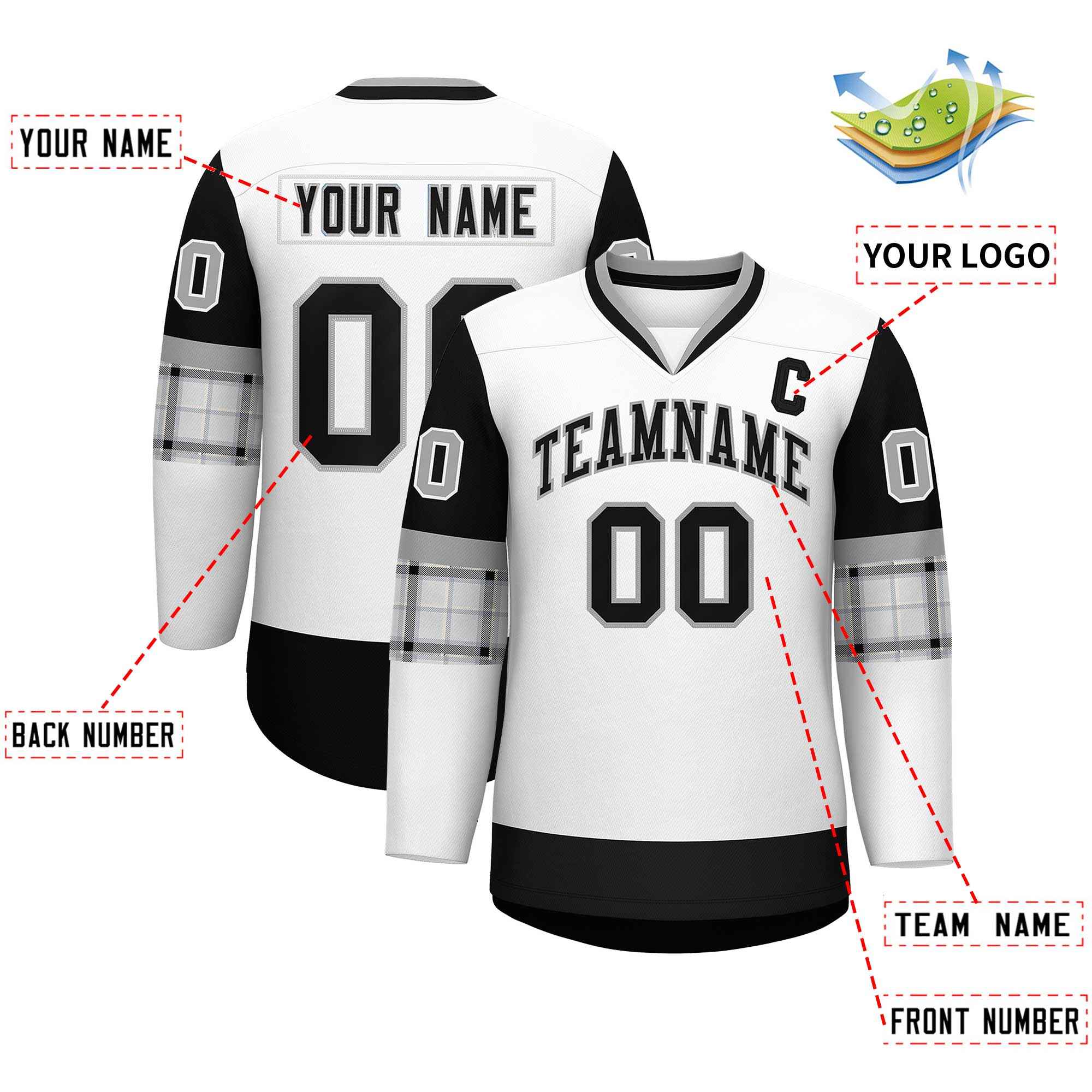 Custom White Black-Gray Personalized Raglan Sleeves V-Neck Hockey Jersey