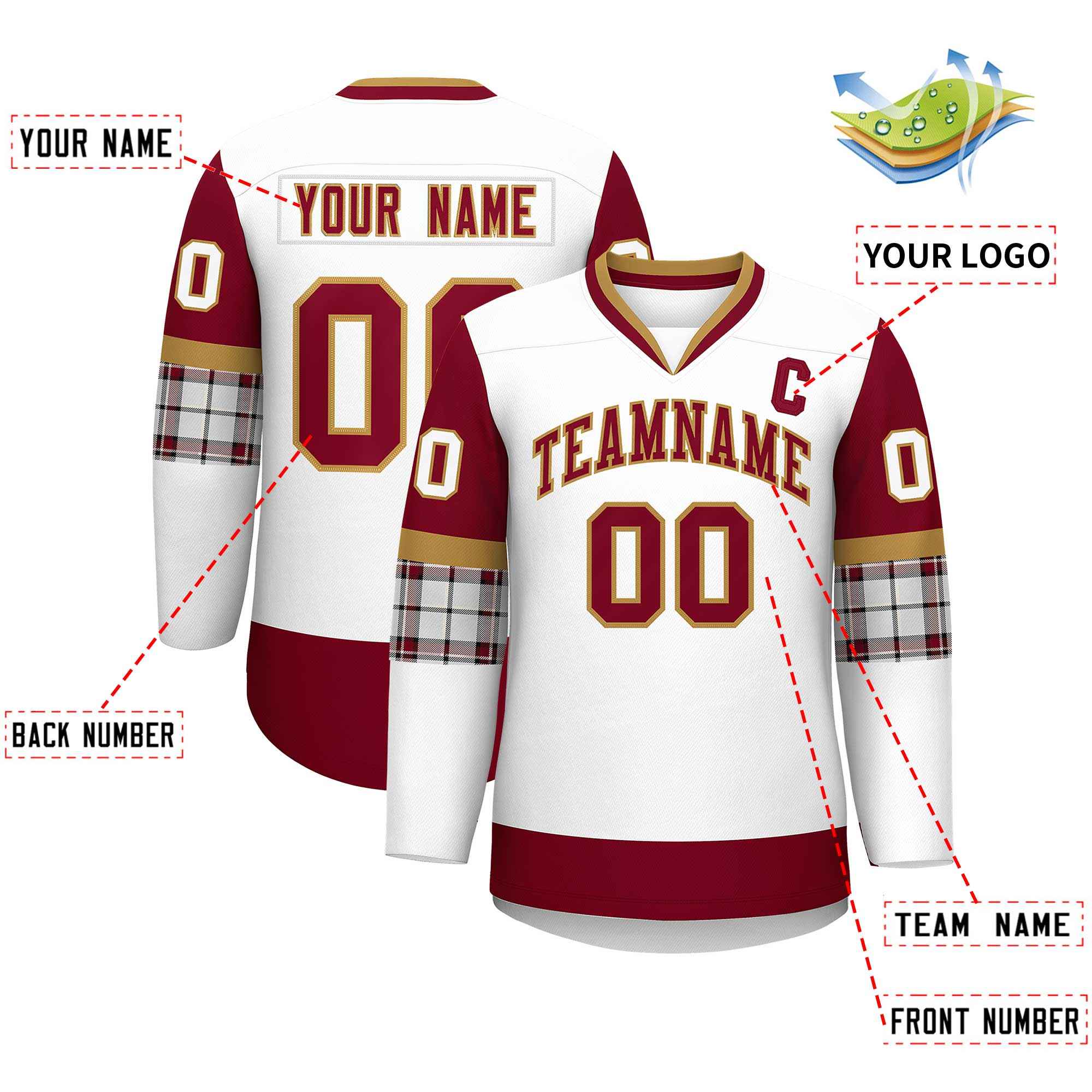 Custom White Crimson-Old Gold Personalized Raglan Sleeves V-Neck Hockey Jersey
