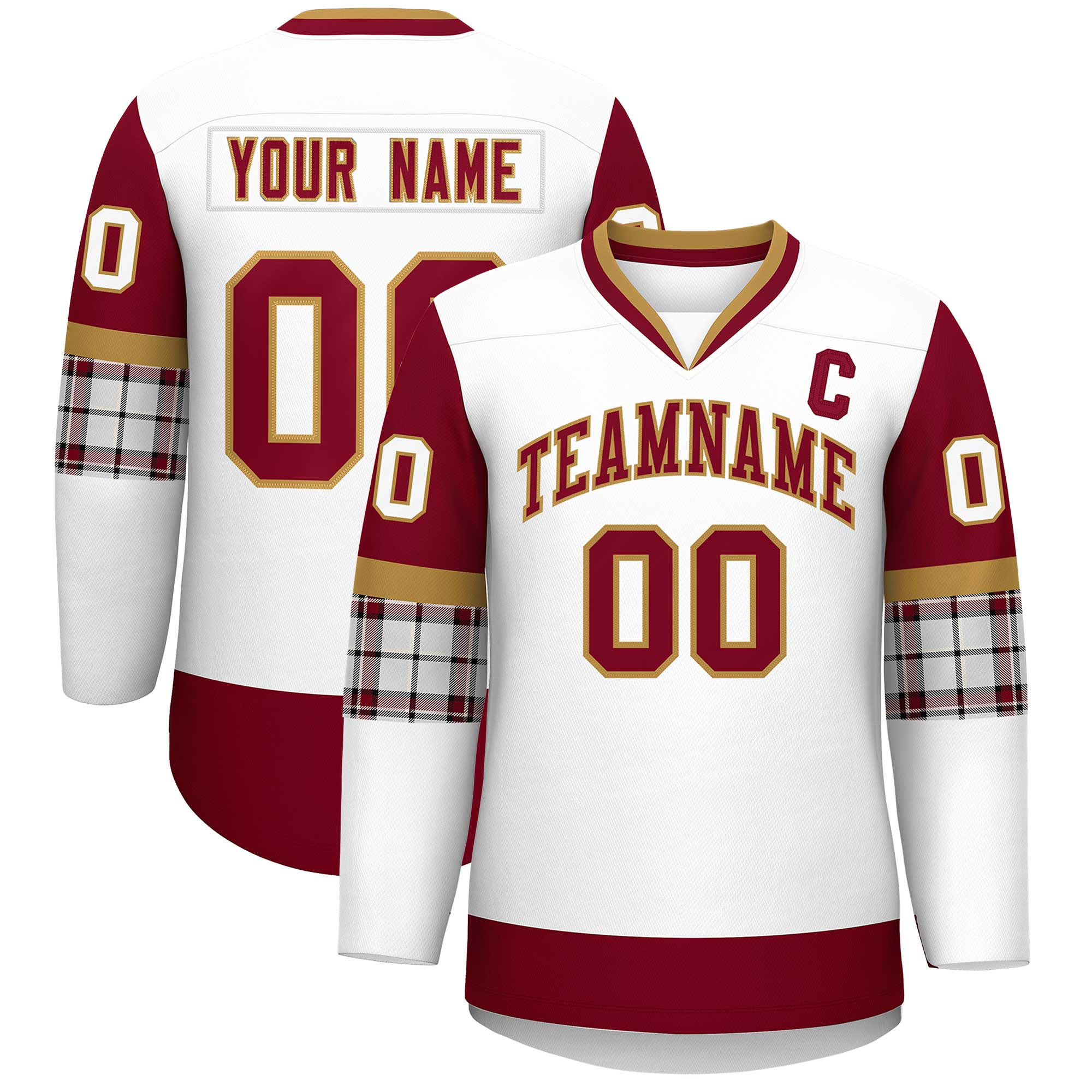 Custom White Crimson-Old Gold Personalized Raglan Sleeves V-Neck Hockey Jersey