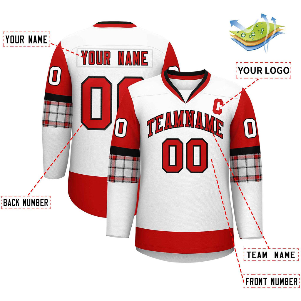 Custom White Red-Black Personalized Raglan Sleeves V-Neck Hockey Jersey