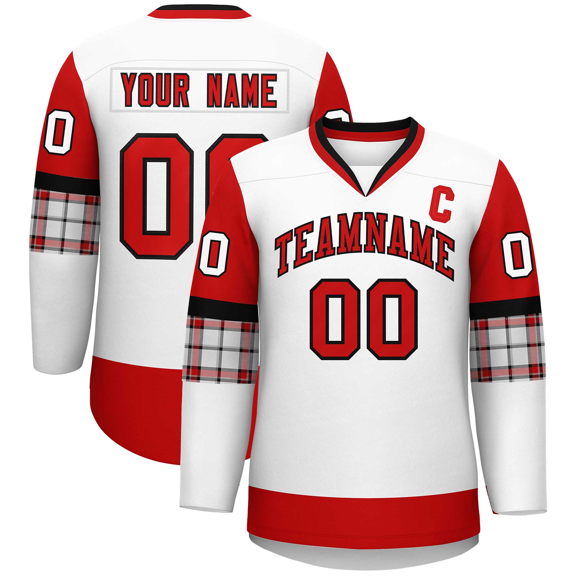Custom White Red-Black Personalized Raglan Sleeves V-Neck Hockey Jersey