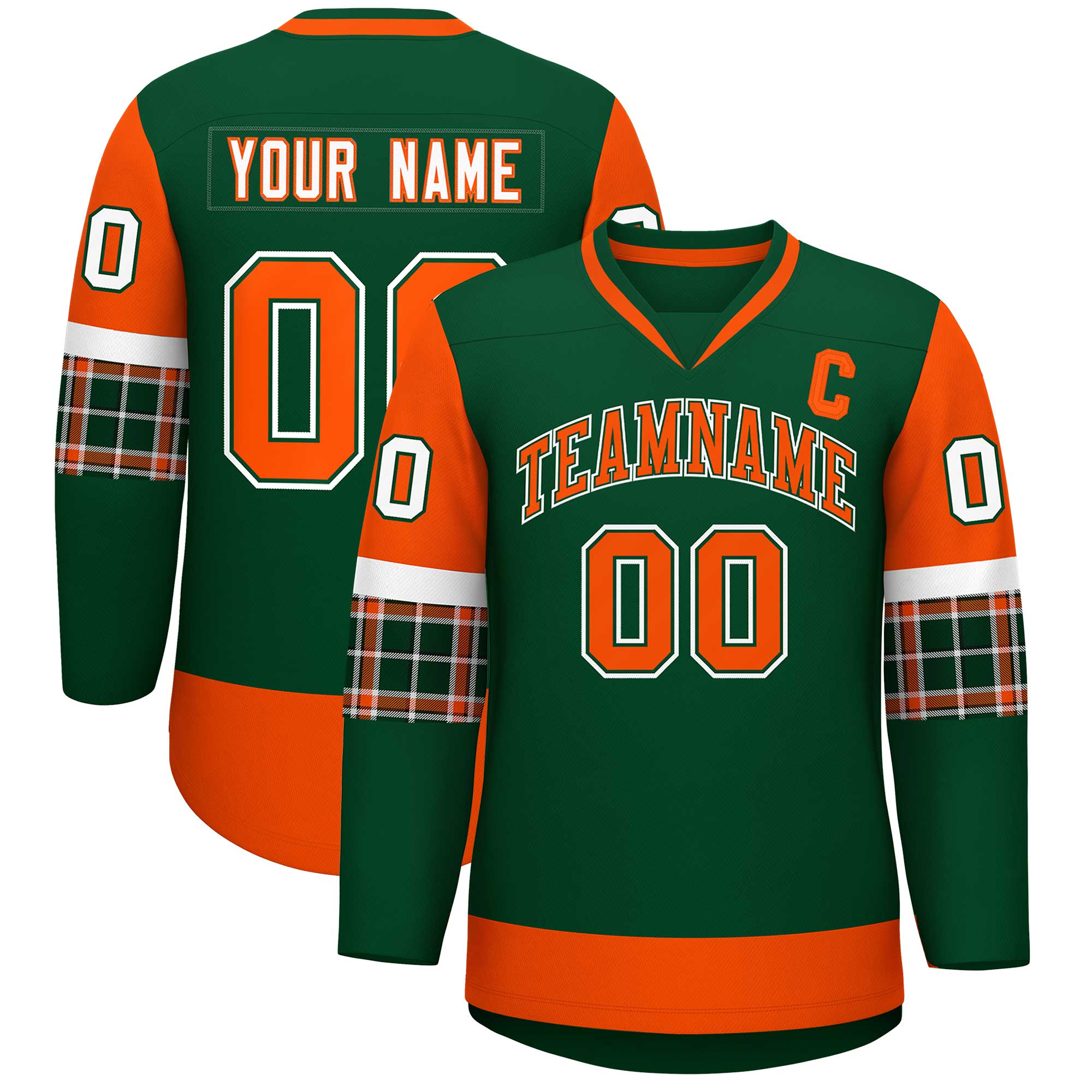 Custom Green Orange-White Personalized Raglan Sleeves V-Neck Hockey Jersey
