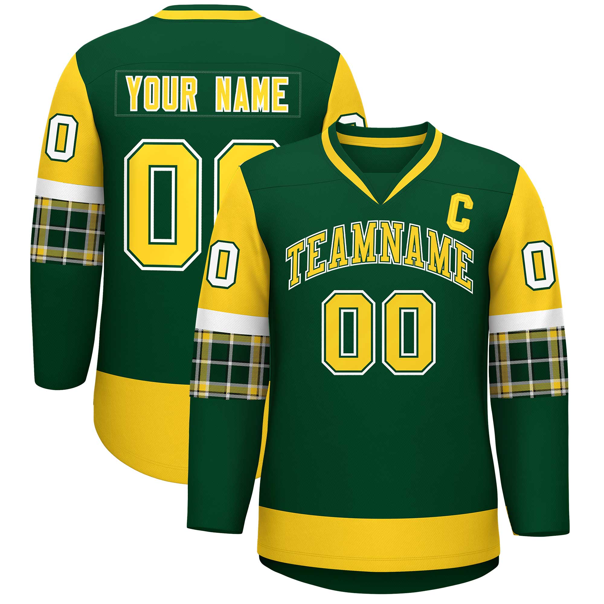Custom Green Gold-White Personalized Raglan Sleeves V-Neck Hockey Jersey