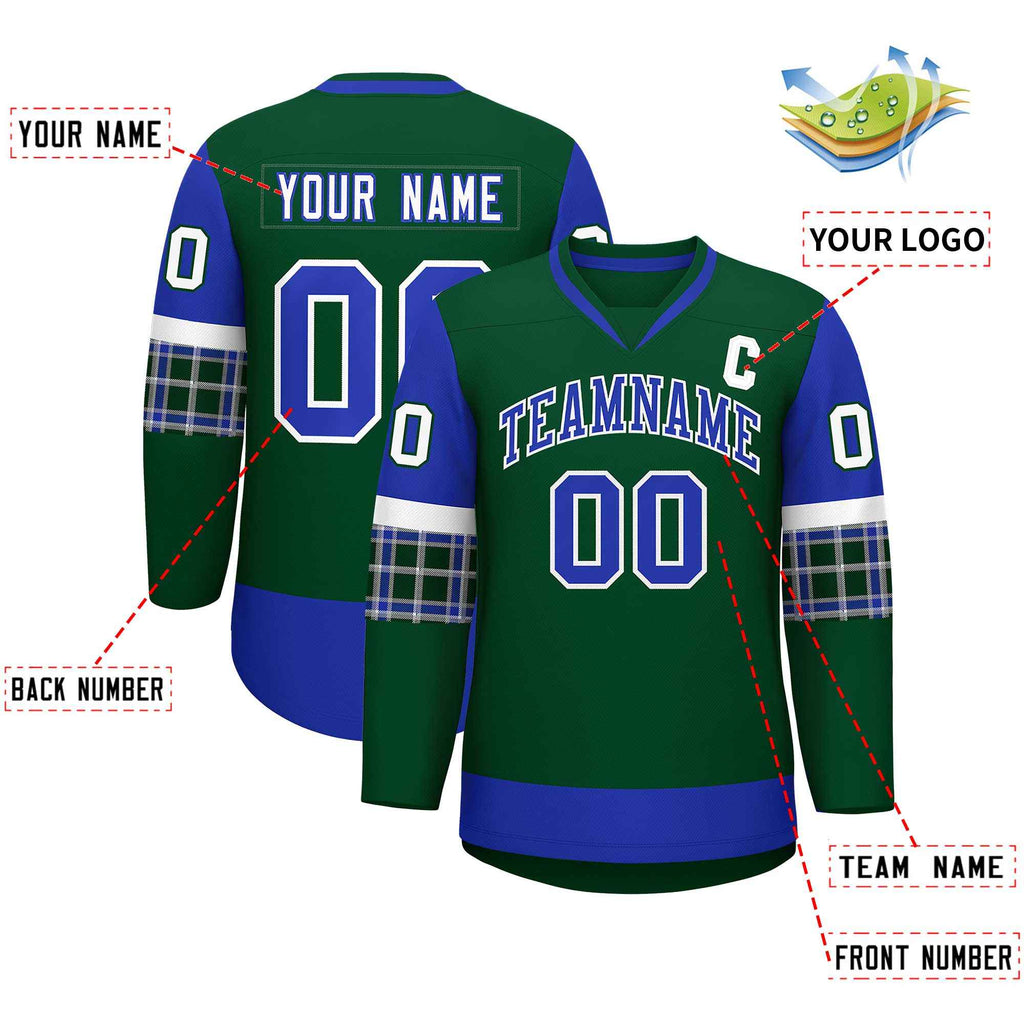 Custom Green Royal-White Personalized Raglan Sleeves V-Neck Hockey Jersey