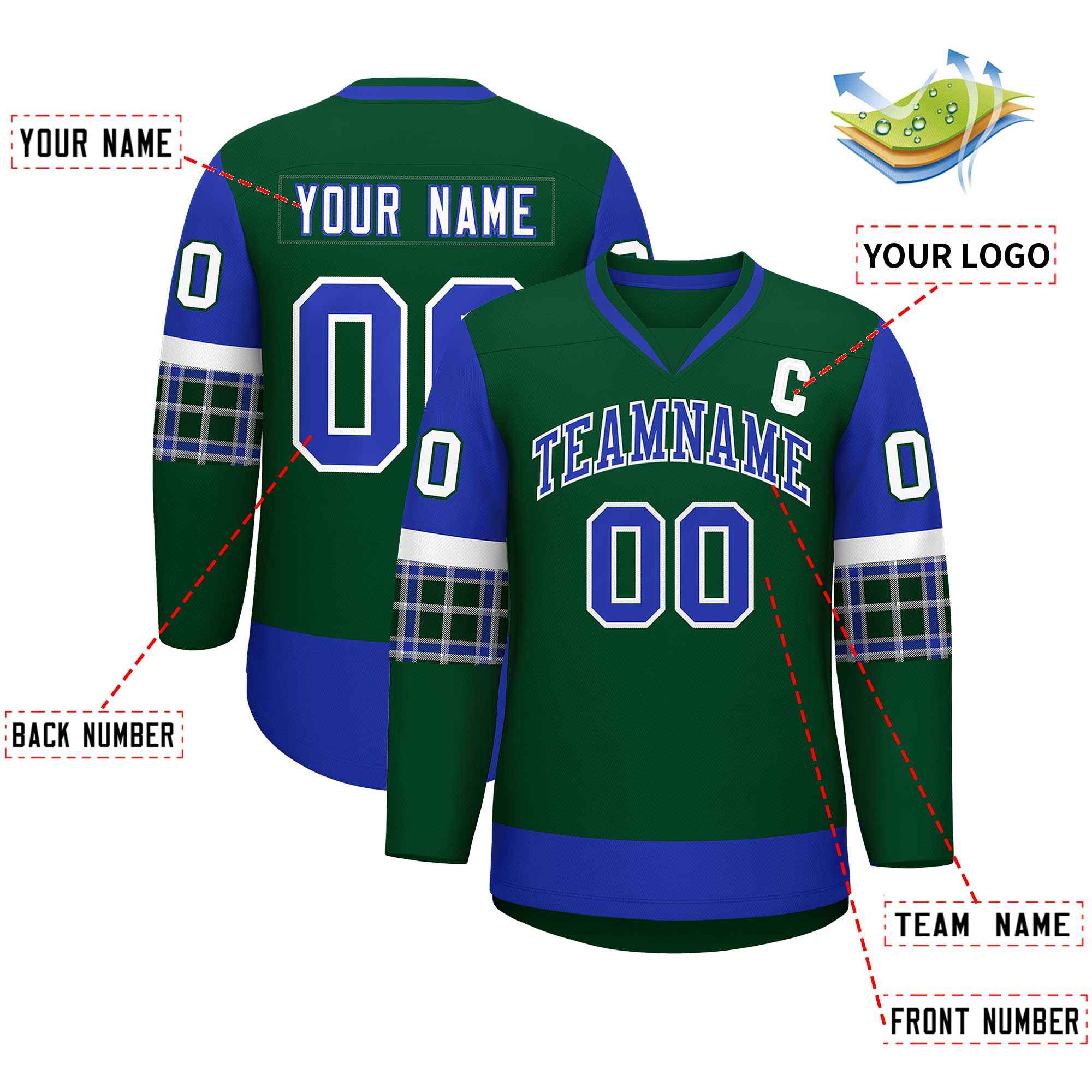 Custom Green Royal-White Personalized Raglan Sleeves V-Neck Hockey Jersey