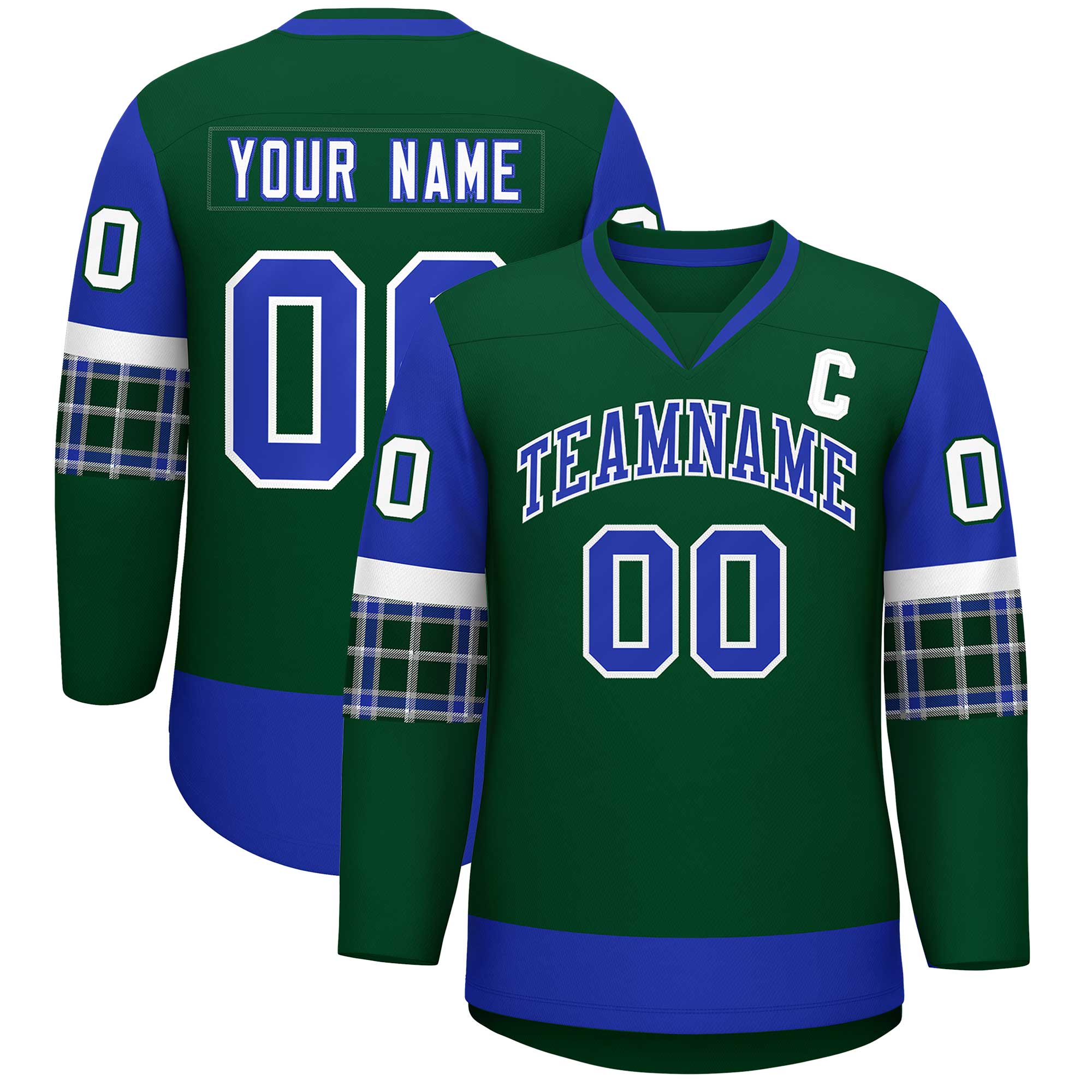 Custom Green Royal-White Personalized Raglan Sleeves V-Neck Hockey Jersey