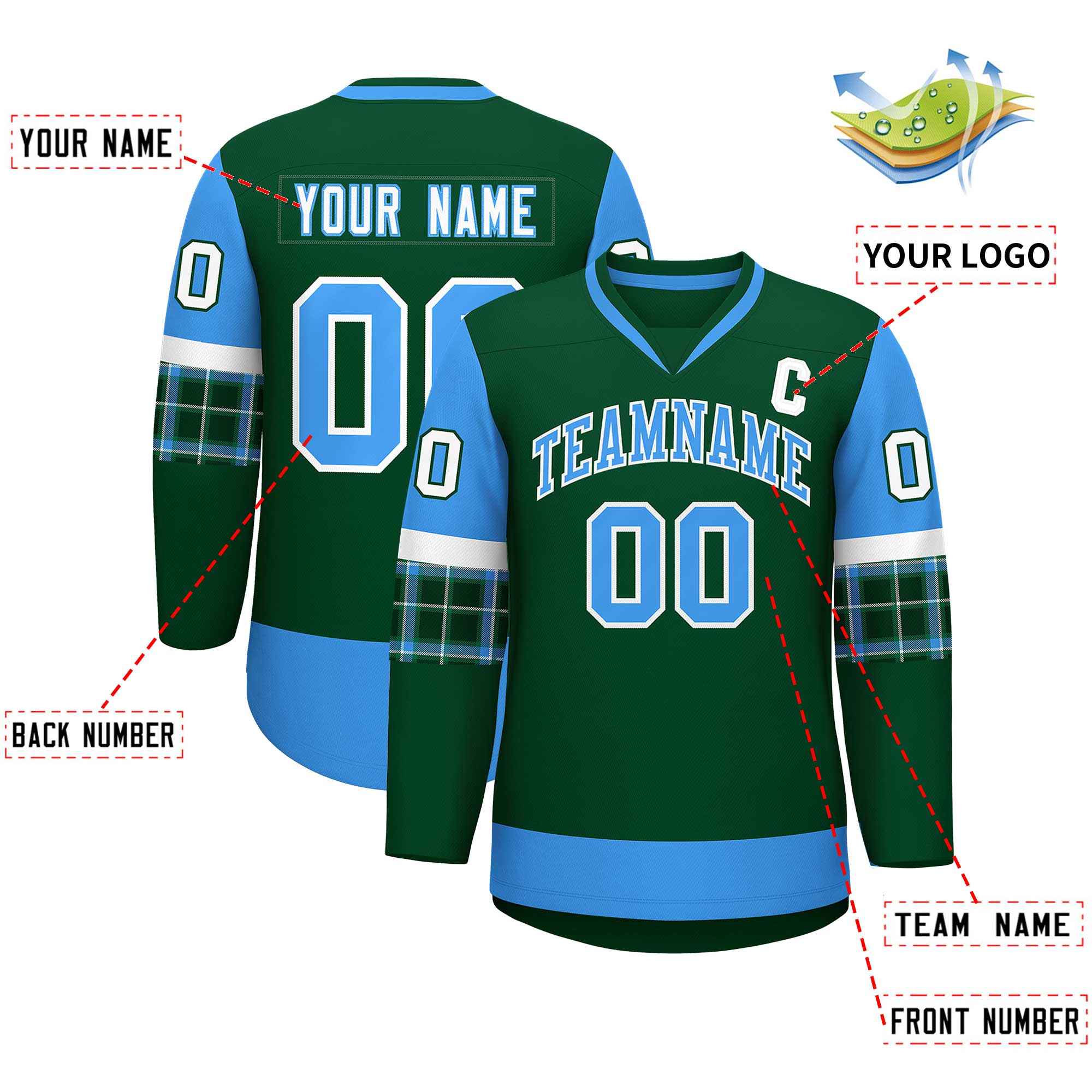 Custom Green Powder Blue-White Personalized Raglan Sleeves V-Neck Hockey Jersey