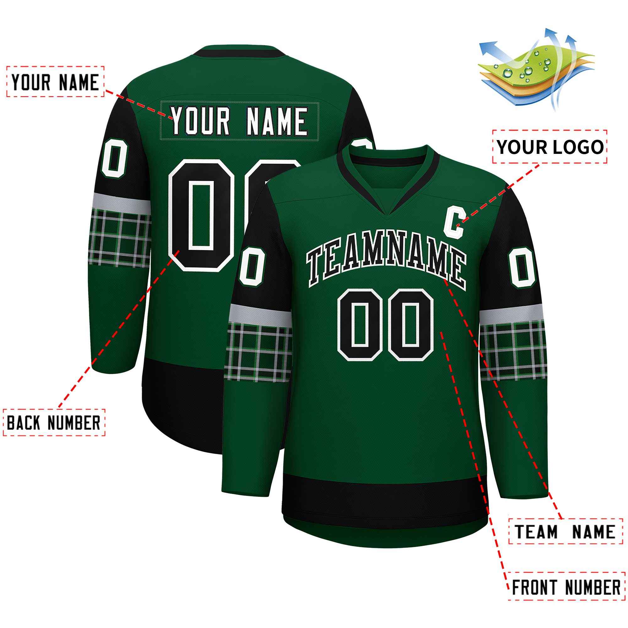 Custom Green Black-White Personalized Raglan Sleeves V-Neck Hockey Jersey