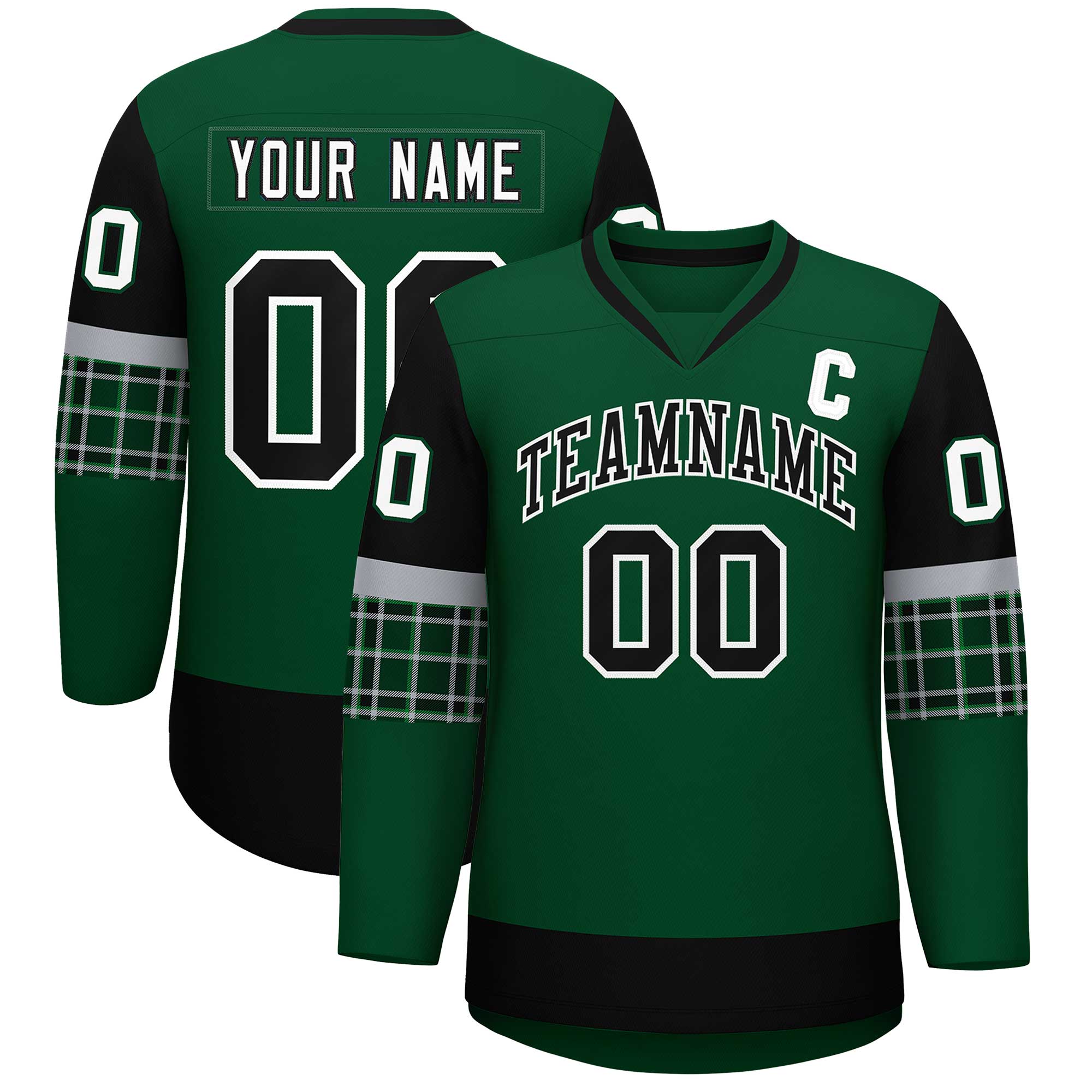 Custom Green Black-White Personalized Raglan Sleeves V-Neck Hockey Jersey