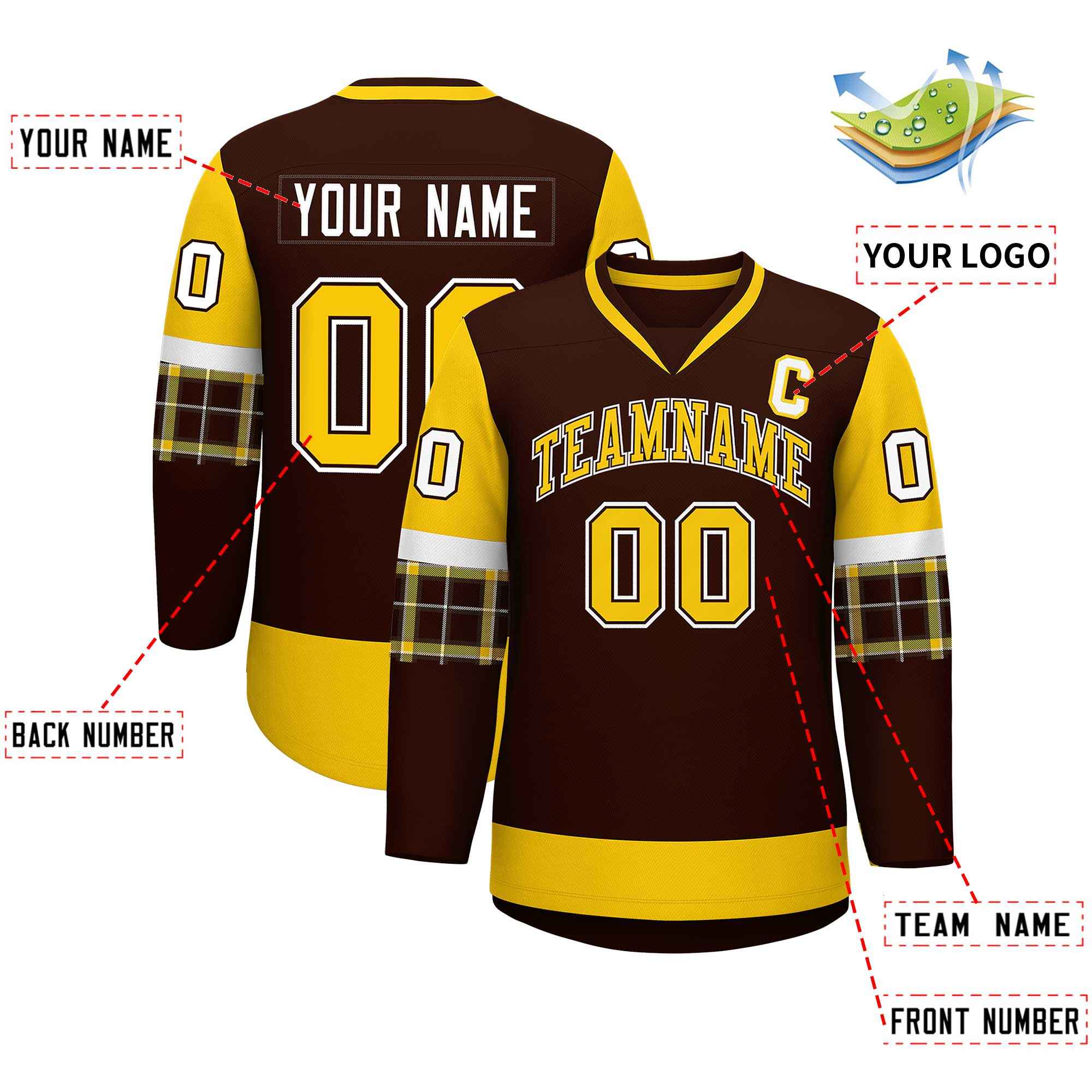 Custom Brown Gold-White Personalized Raglan Sleeves V-Neck Hockey Jersey