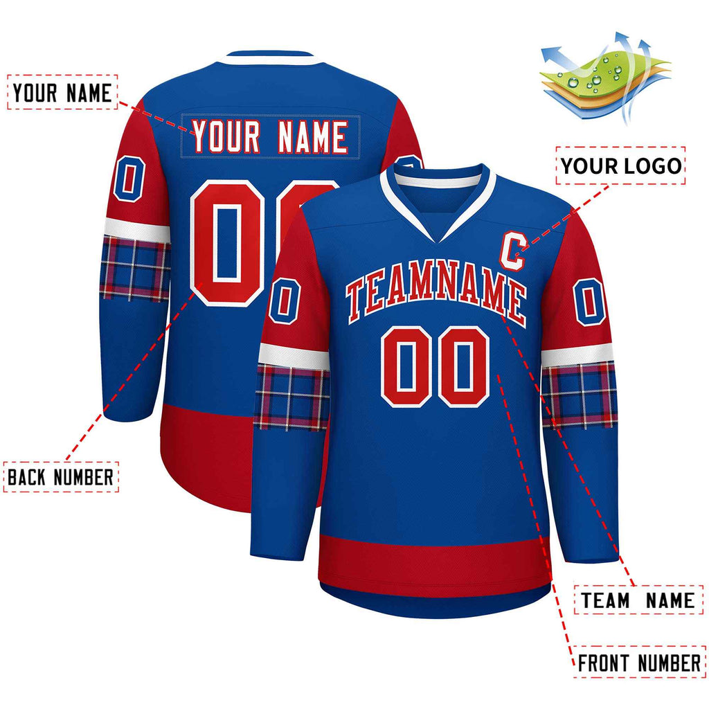Custom Royal Red-White Personalized Raglan Sleeves V-Neck Hockey Jersey
