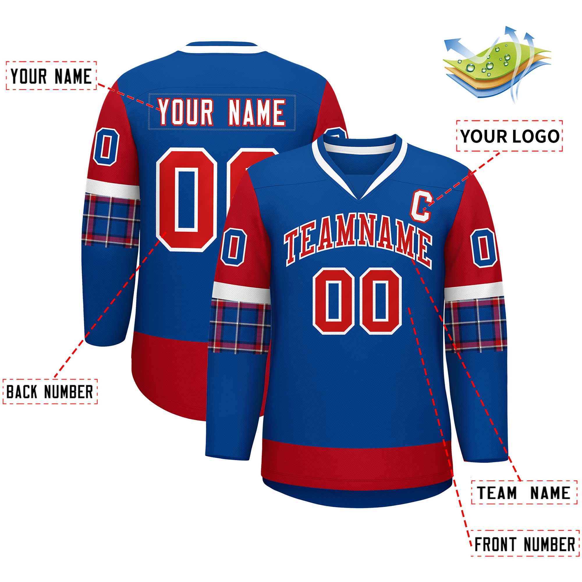 Custom Royal Red-White Personalized Raglan Sleeves V-Neck Hockey Jersey
