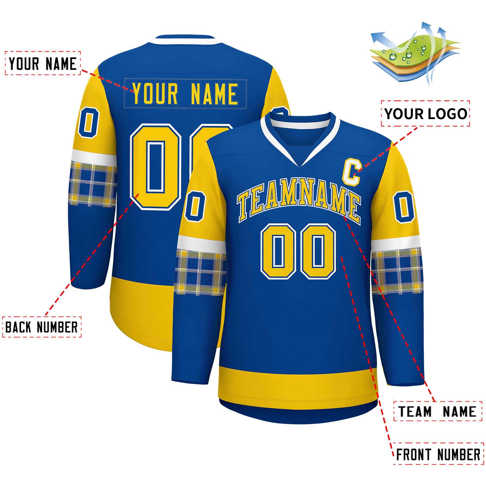 Custom Royal Gold-White Personalized Raglan Sleeves V-Neck Hockey Jersey