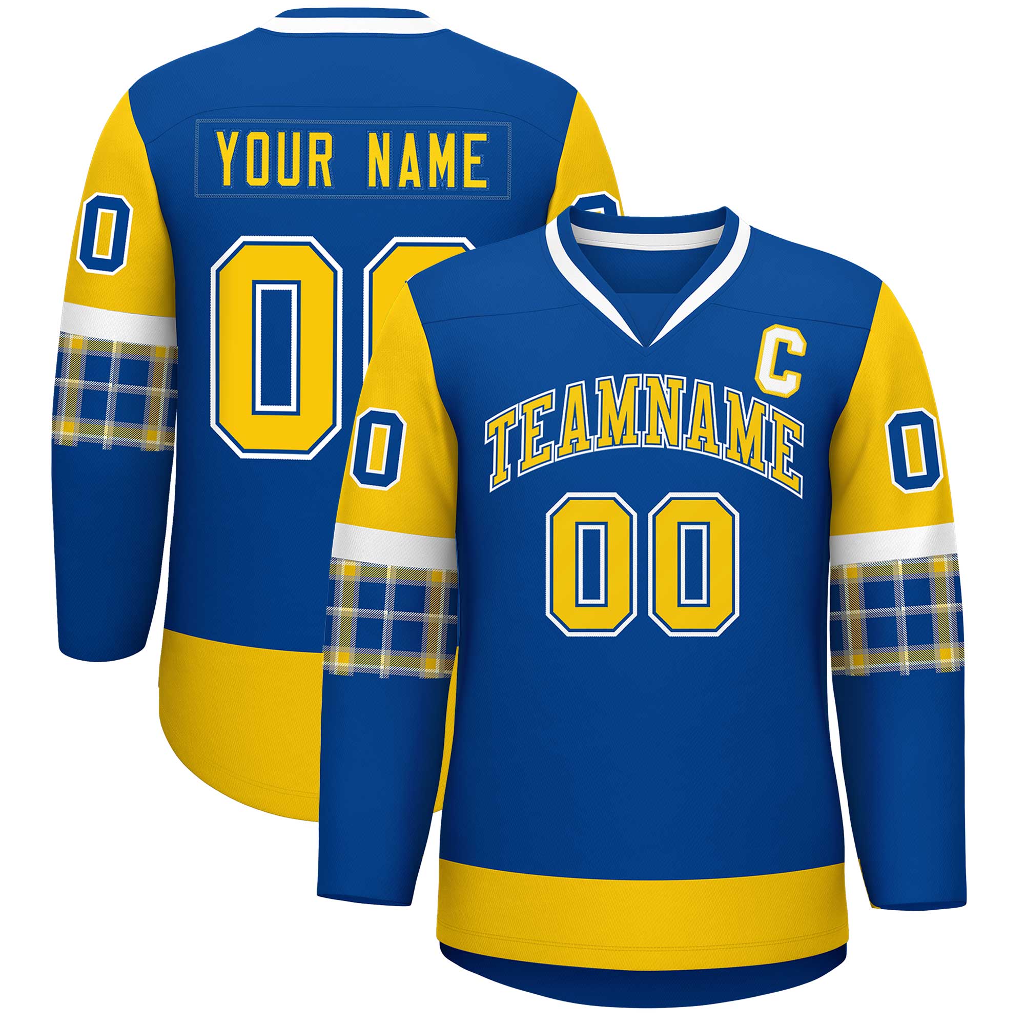 Custom Royal Gold-White Personalized Raglan Sleeves V-Neck Hockey Jersey