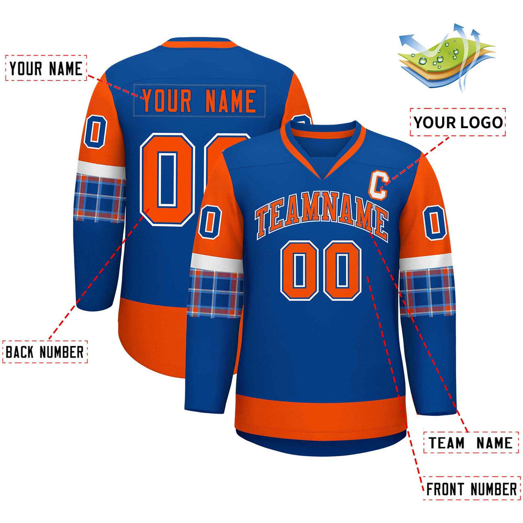 Custom Royal Orange-White Personalized Raglan Sleeves V-Neck Hockey Jersey