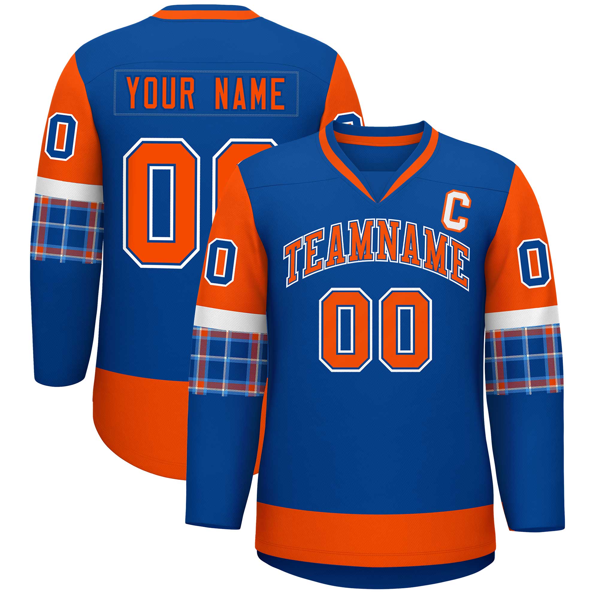 Custom Royal Orange-White Personalized Raglan Sleeves V-Neck Hockey Jersey