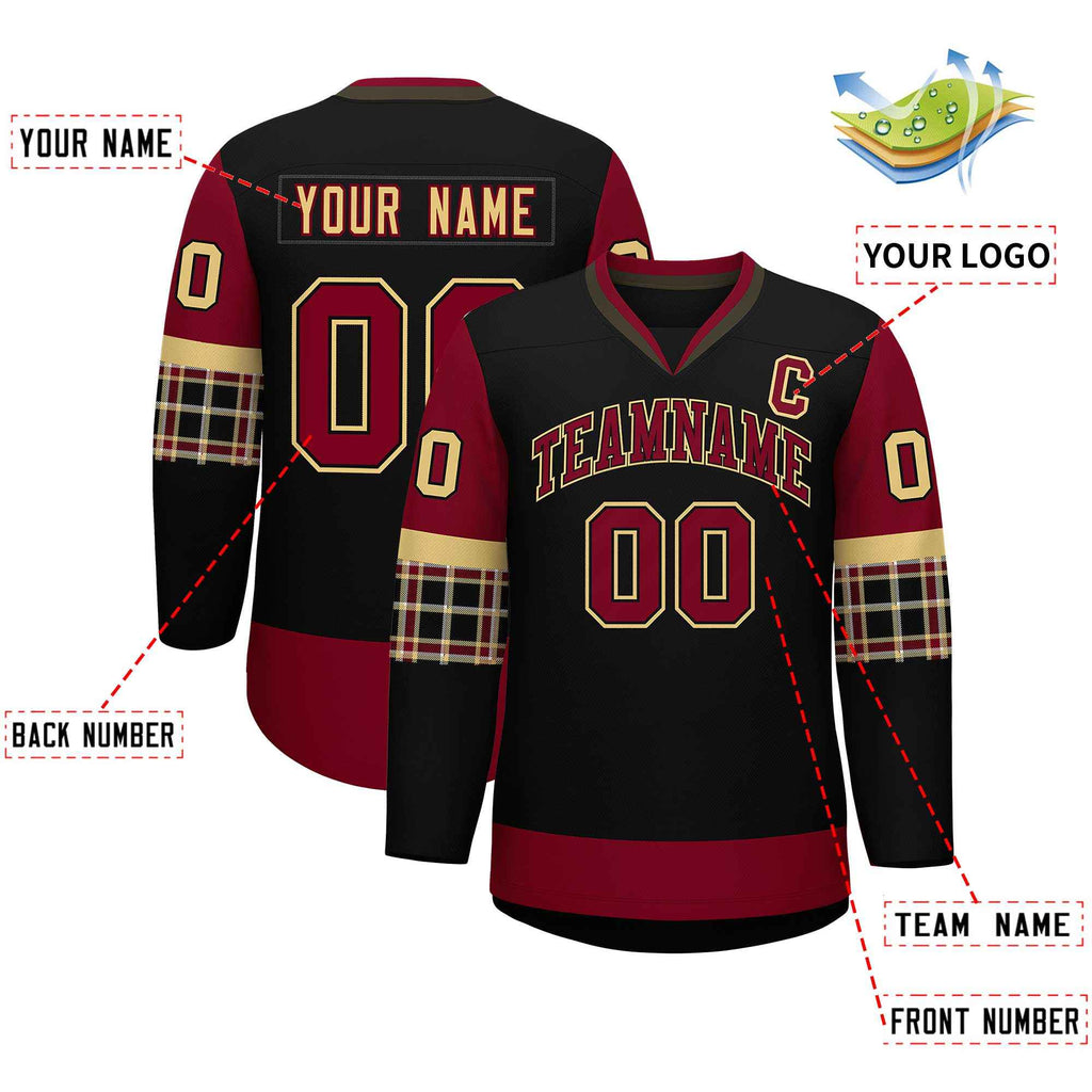 Custom Black Crimson-Khaki Personalized Raglan Sleeves V-Neck Hockey Jersey