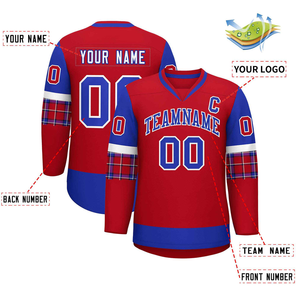 Custom Red Royal-White Personalized Raglan Sleeves V-Neck Hockey Jersey