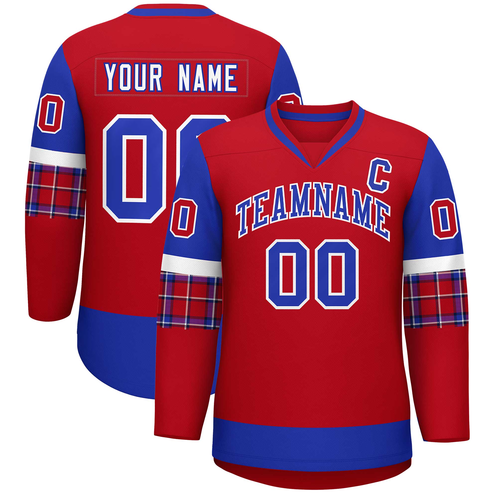 Custom Red Royal-White Personalized Raglan Sleeves V-Neck Hockey Jersey