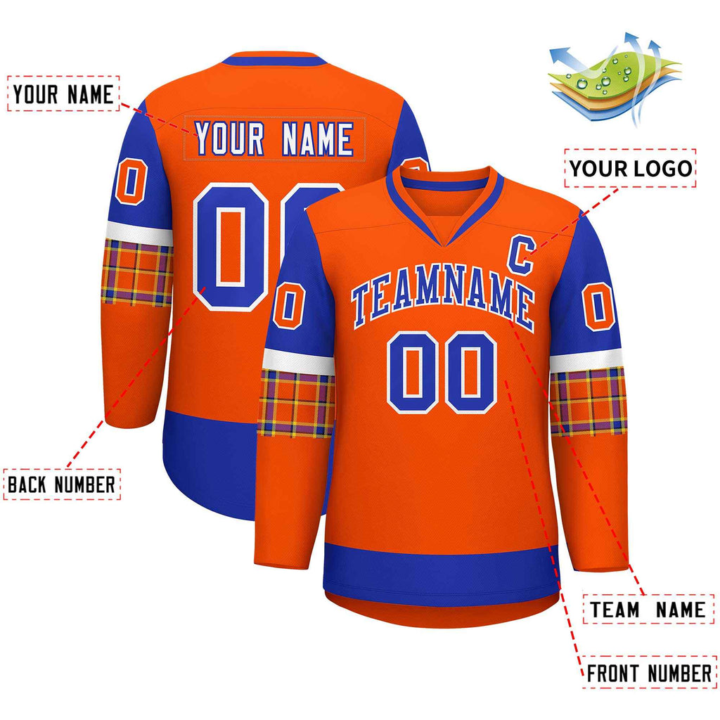 Custom Orange Royal-White Personalized Raglan Sleeves V-Neck Hockey Jersey