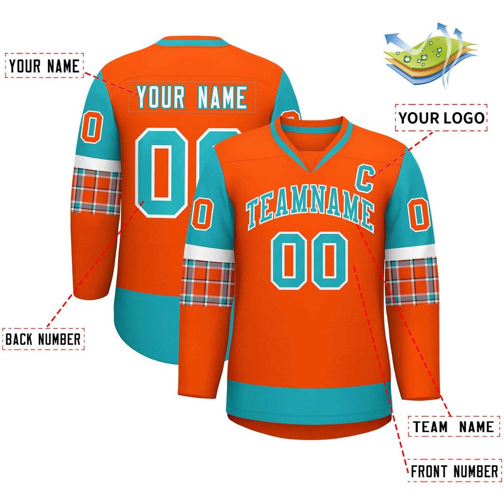 Custom Orange Aqua-White Personalized Raglan Sleeves V-Neck Hockey Jersey