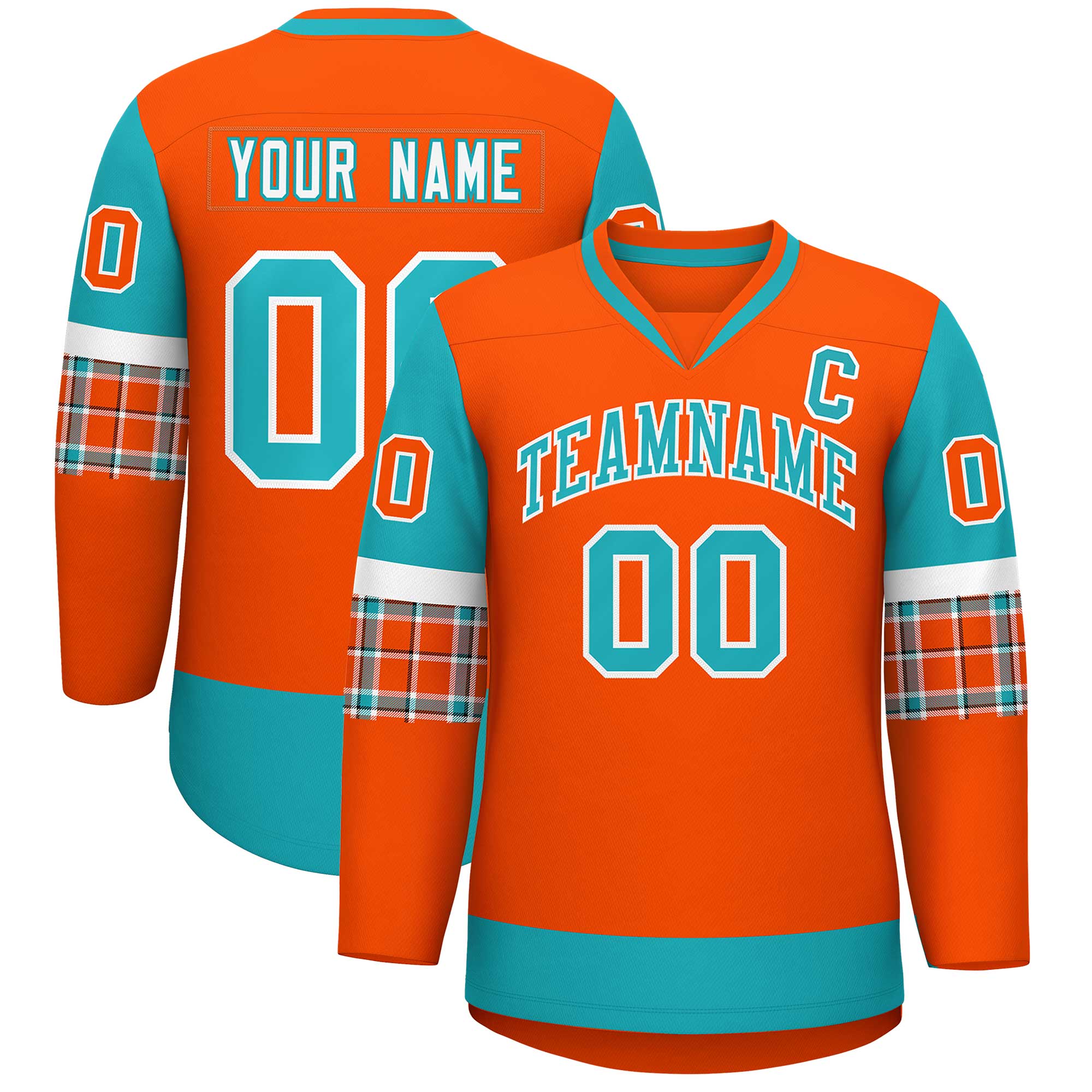 Custom Orange Aqua-White Personalized Raglan Sleeves V-Neck Hockey Jersey