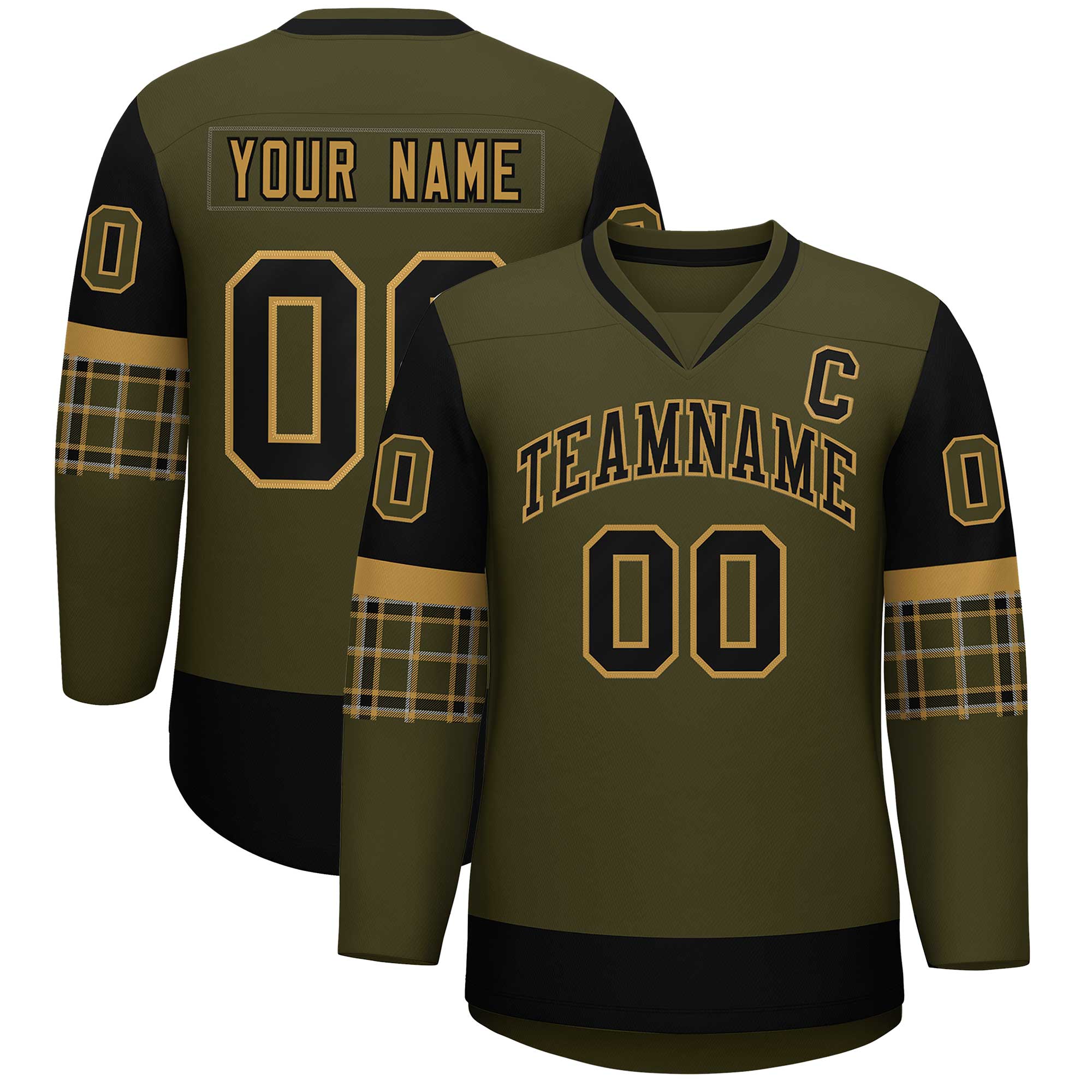 Custom Olive Black-Old Gold Personalized Raglan Sleeves V-Neck Hockey Jersey