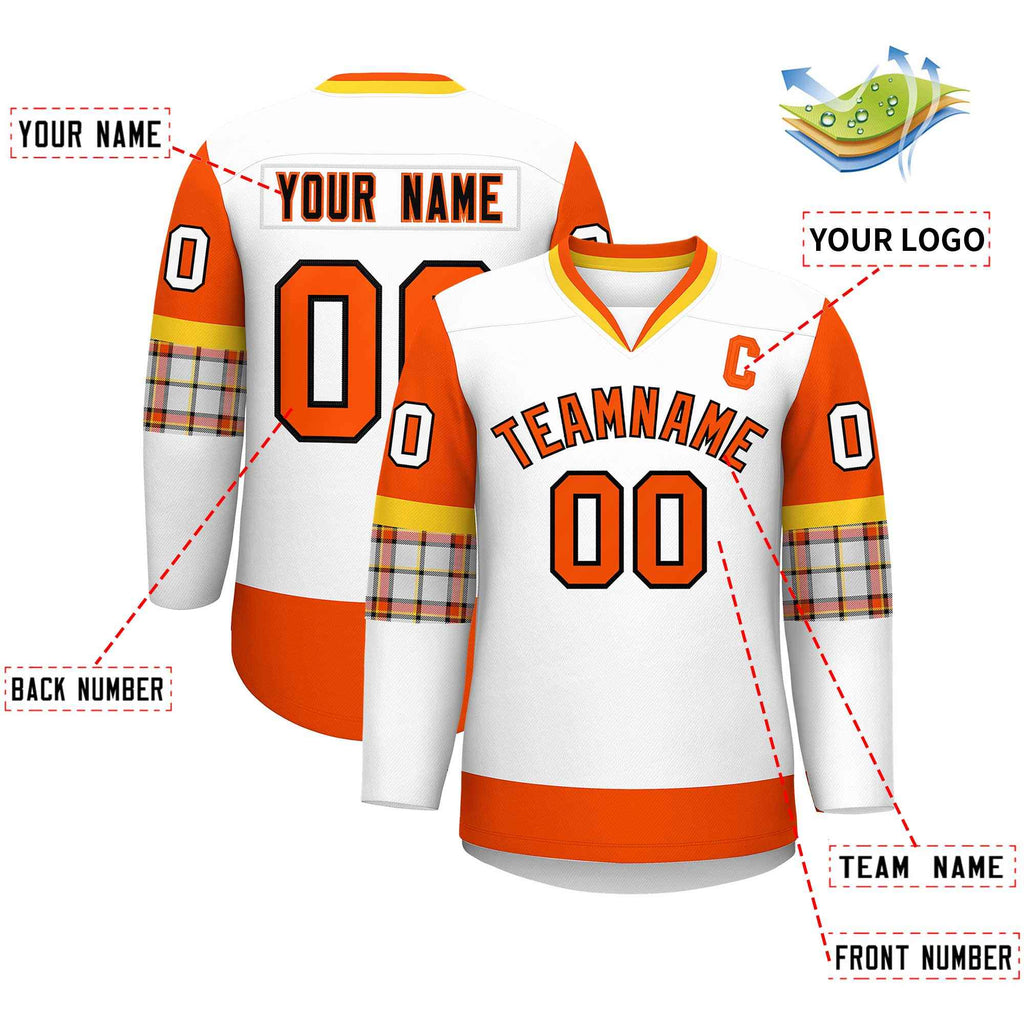 Custom White Orange-Yellow Personalized Raglan Sleeves V-Neck Hockey Jersey