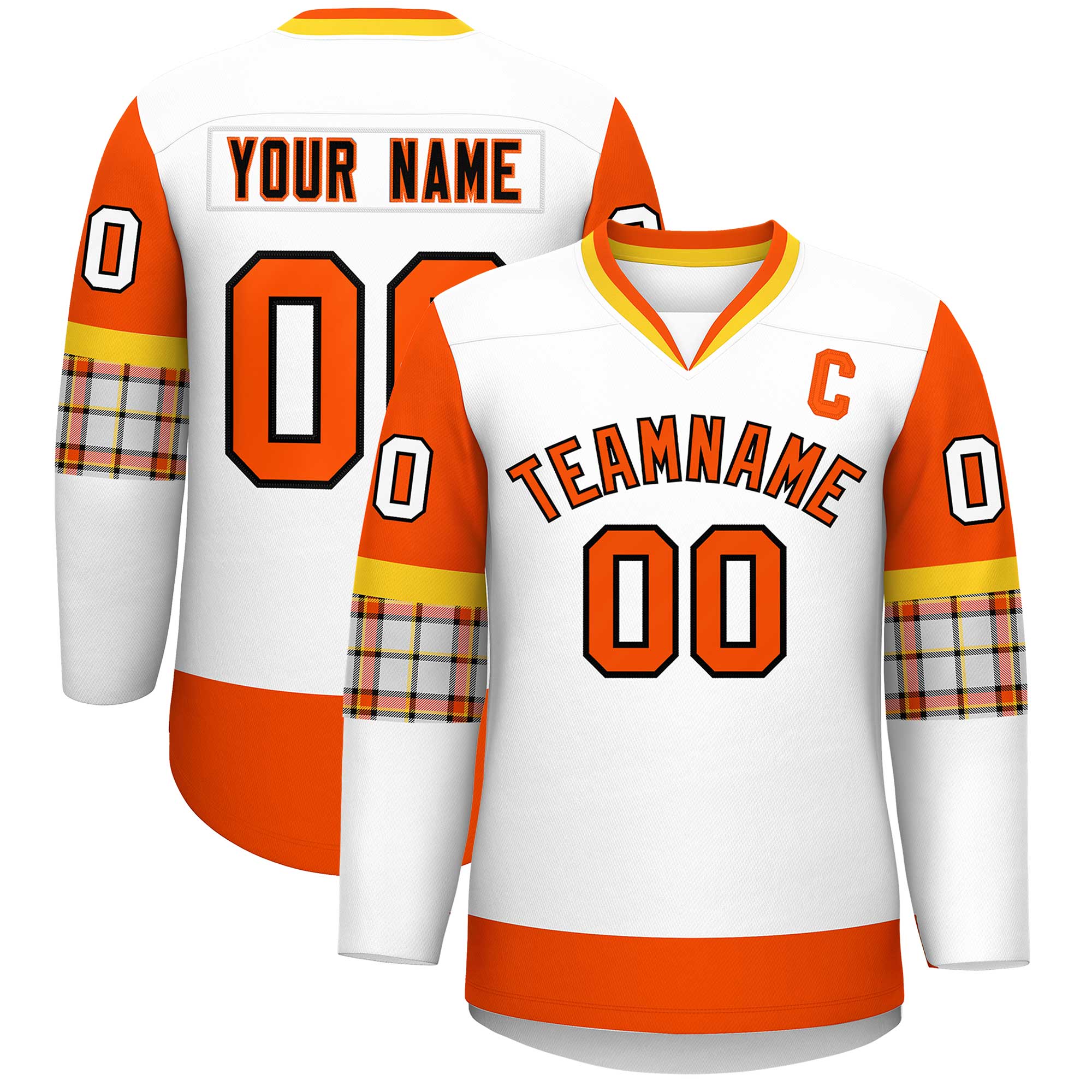 Custom White Orange-Yellow Personalized Raglan Sleeves V-Neck Hockey Jersey