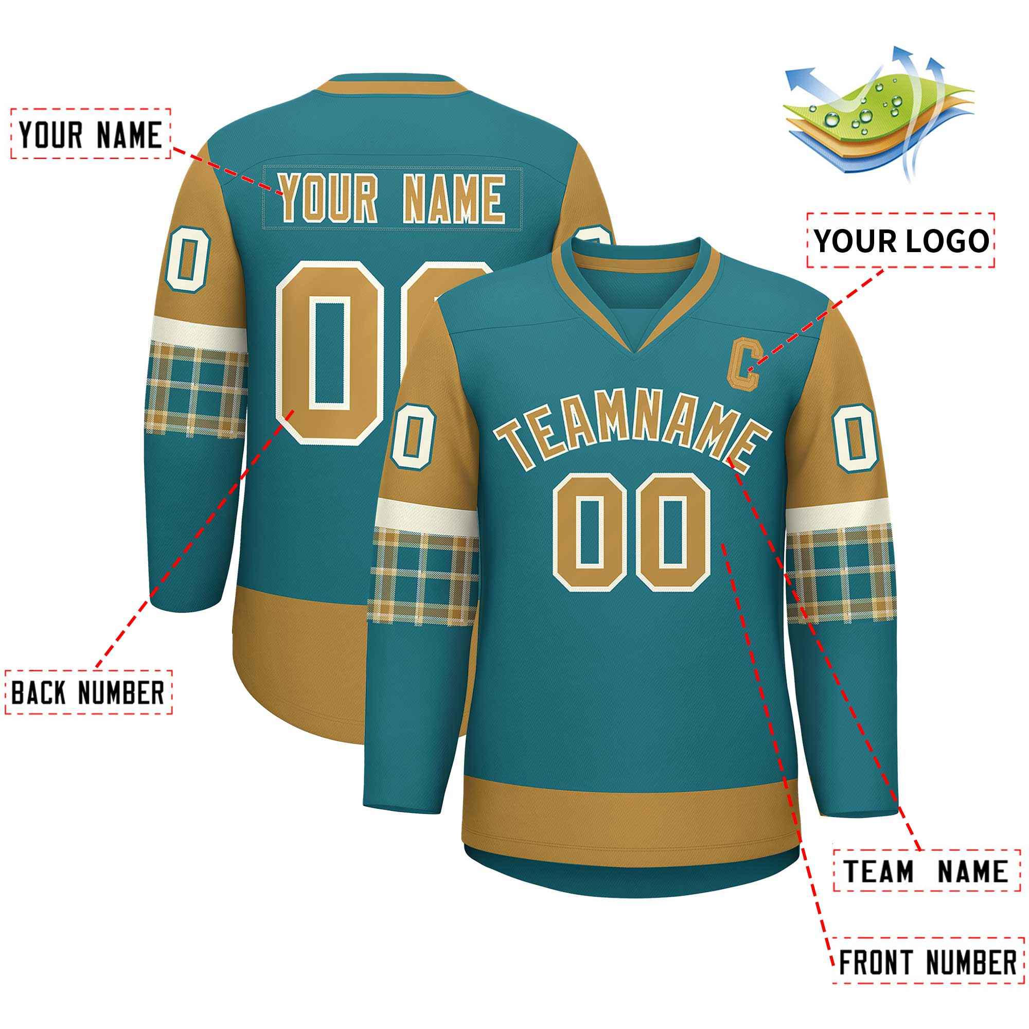 Custom Aqua Old Gold-Cream Personalized Raglan Sleeves V-Neck Hockey Jersey