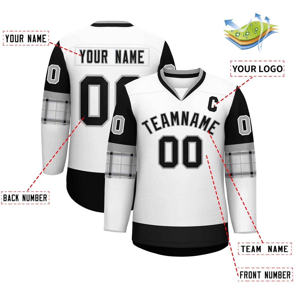 Custom White Black-Gray Personalized Raglan Sleeves V-Neck Hockey Jersey