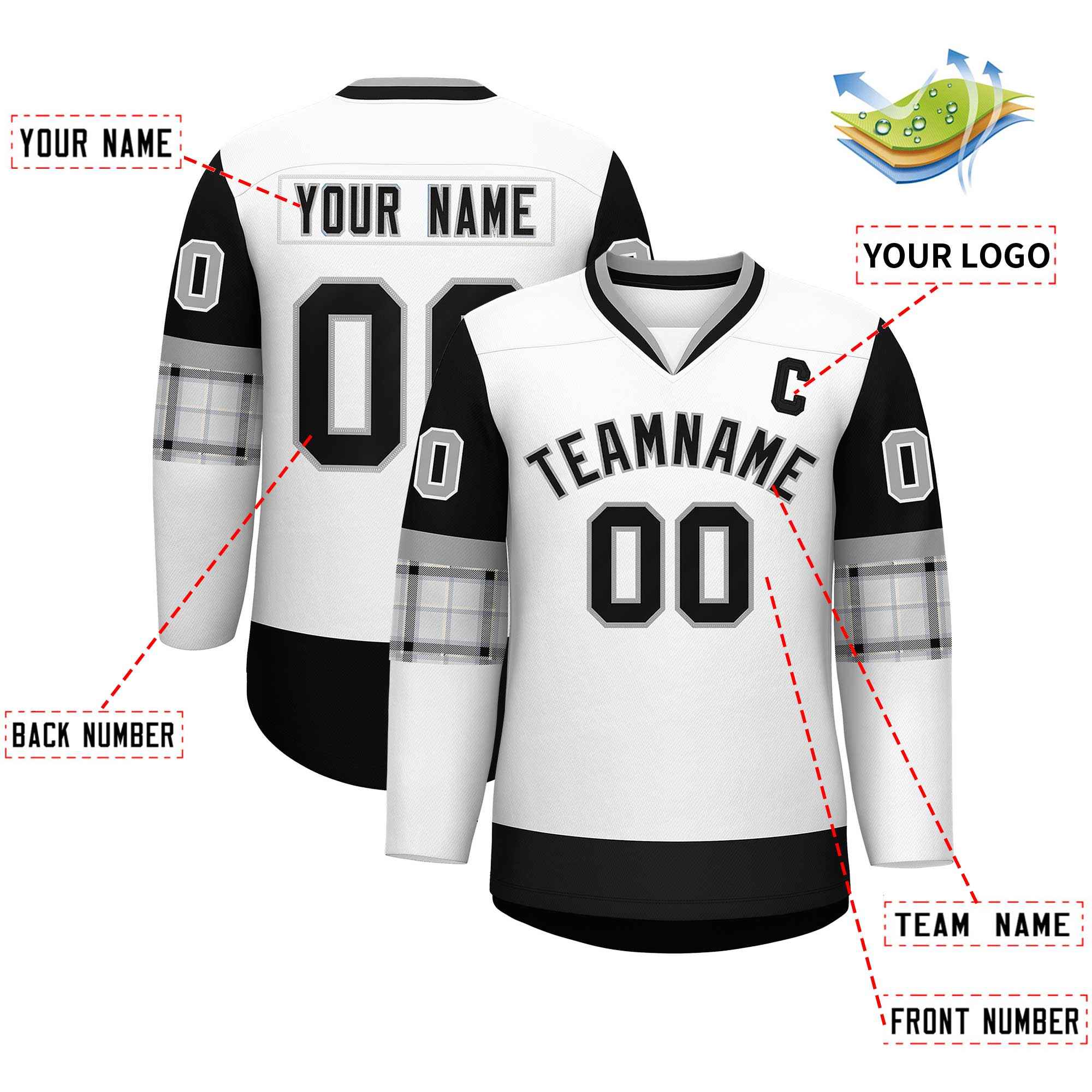 Custom White Black-Gray Personalized Raglan Sleeves V-Neck Hockey Jersey