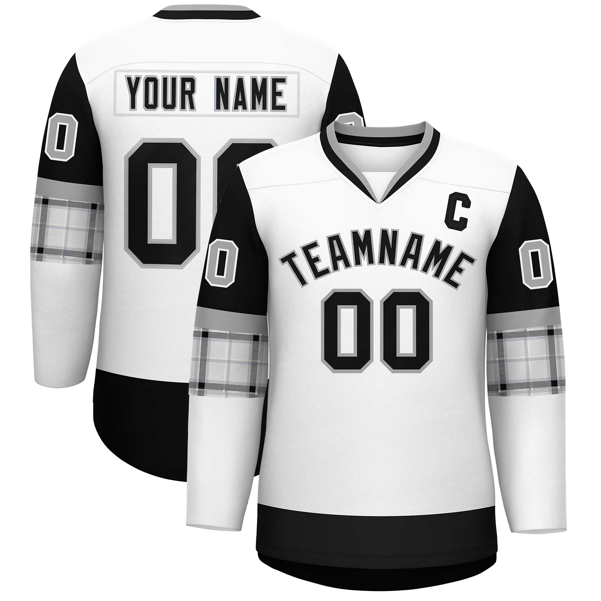 Custom White Black-Gray Personalized Raglan Sleeves V-Neck Hockey Jersey