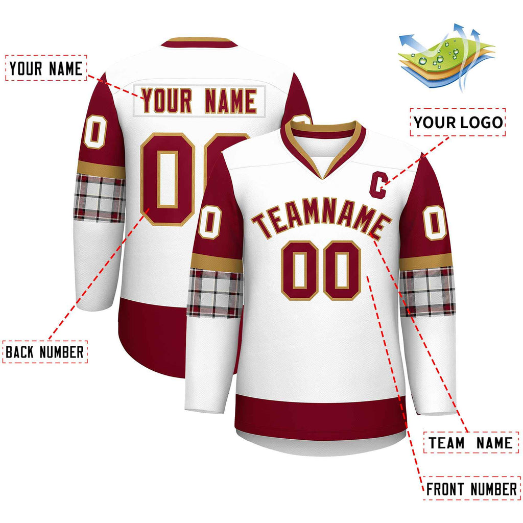 Custom White Crimson-Old Gold Personalized Raglan Sleeves V-Neck Hockey Jersey
