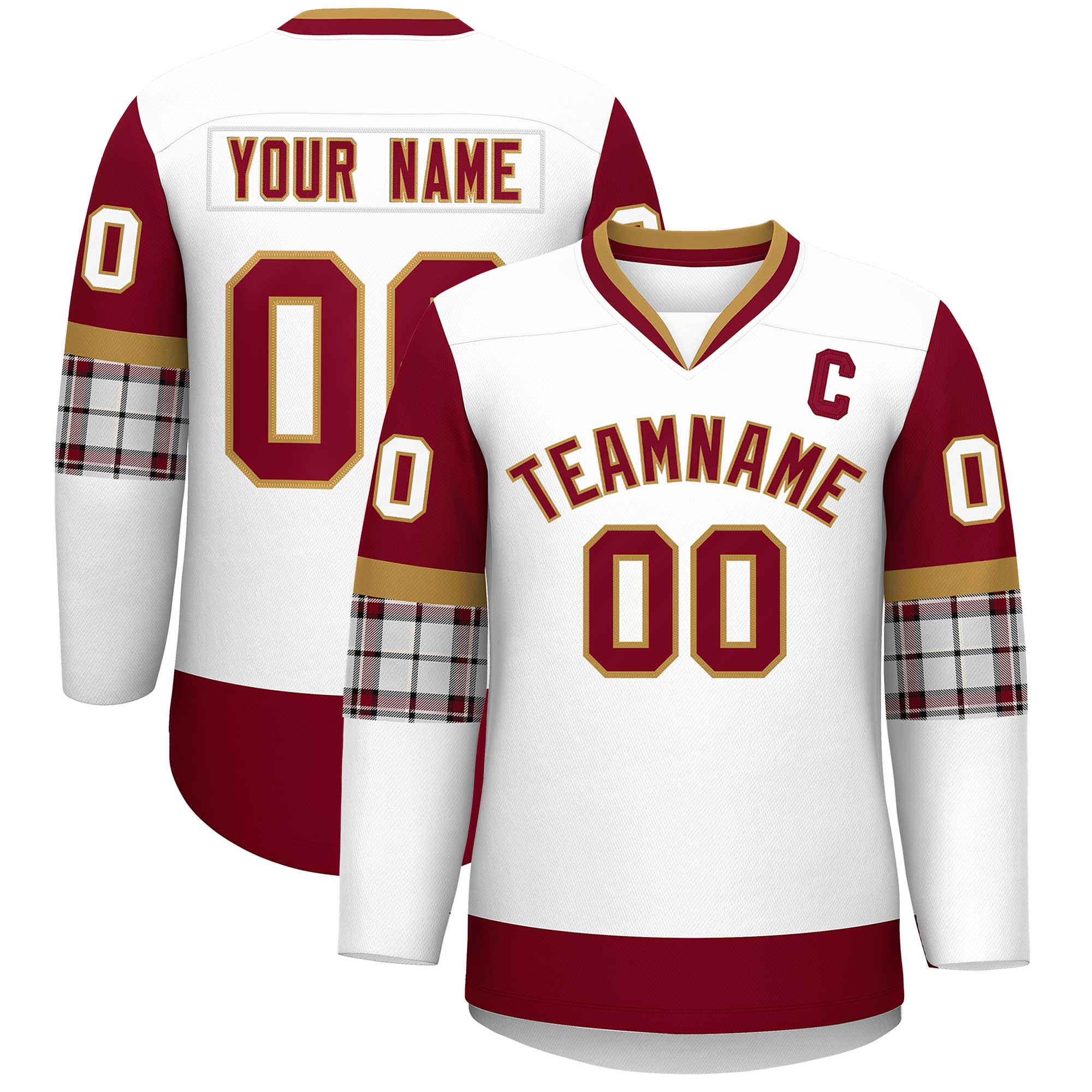 Custom White Crimson-Old Gold Personalized Raglan Sleeves V-Neck Hockey Jersey