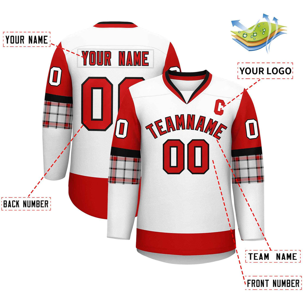Custom White Red-Black Personalized Raglan Sleeves V-Neck Hockey Jersey