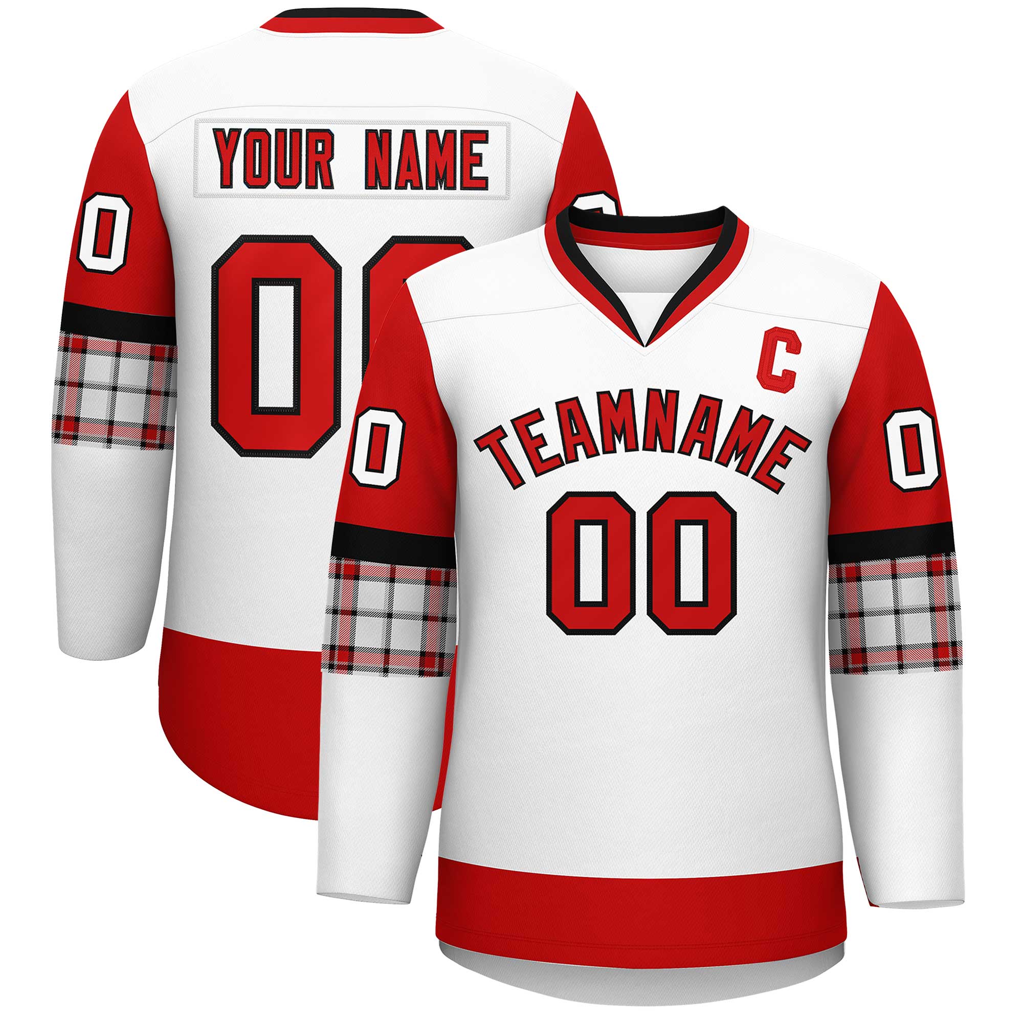 Custom White Red-Black Personalized Raglan Sleeves V-Neck Hockey Jersey