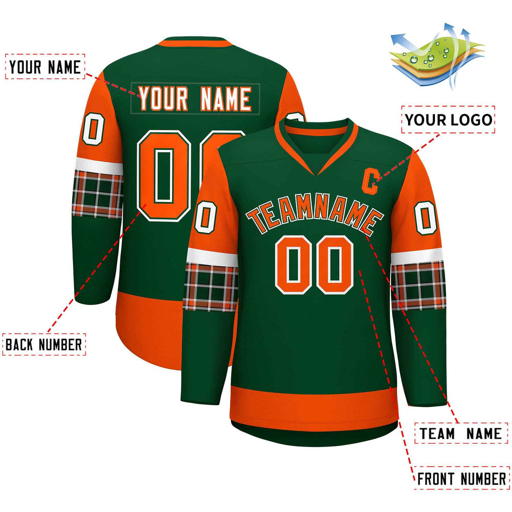 Custom Green Orange-White Personalized Raglan Sleeves V-Neck Hockey Jersey