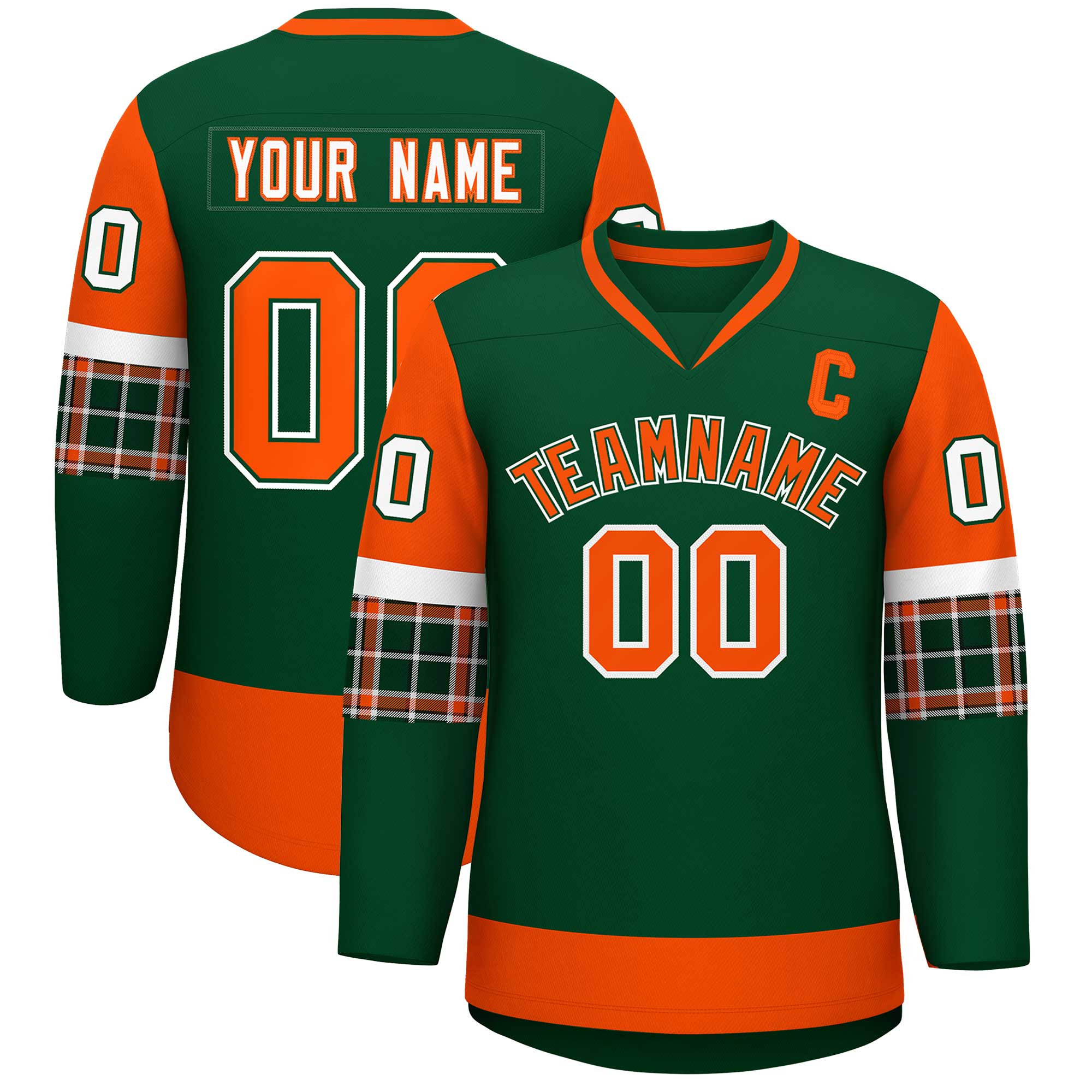 Custom Green Orange-White Personalized Raglan Sleeves V-Neck Hockey Jersey