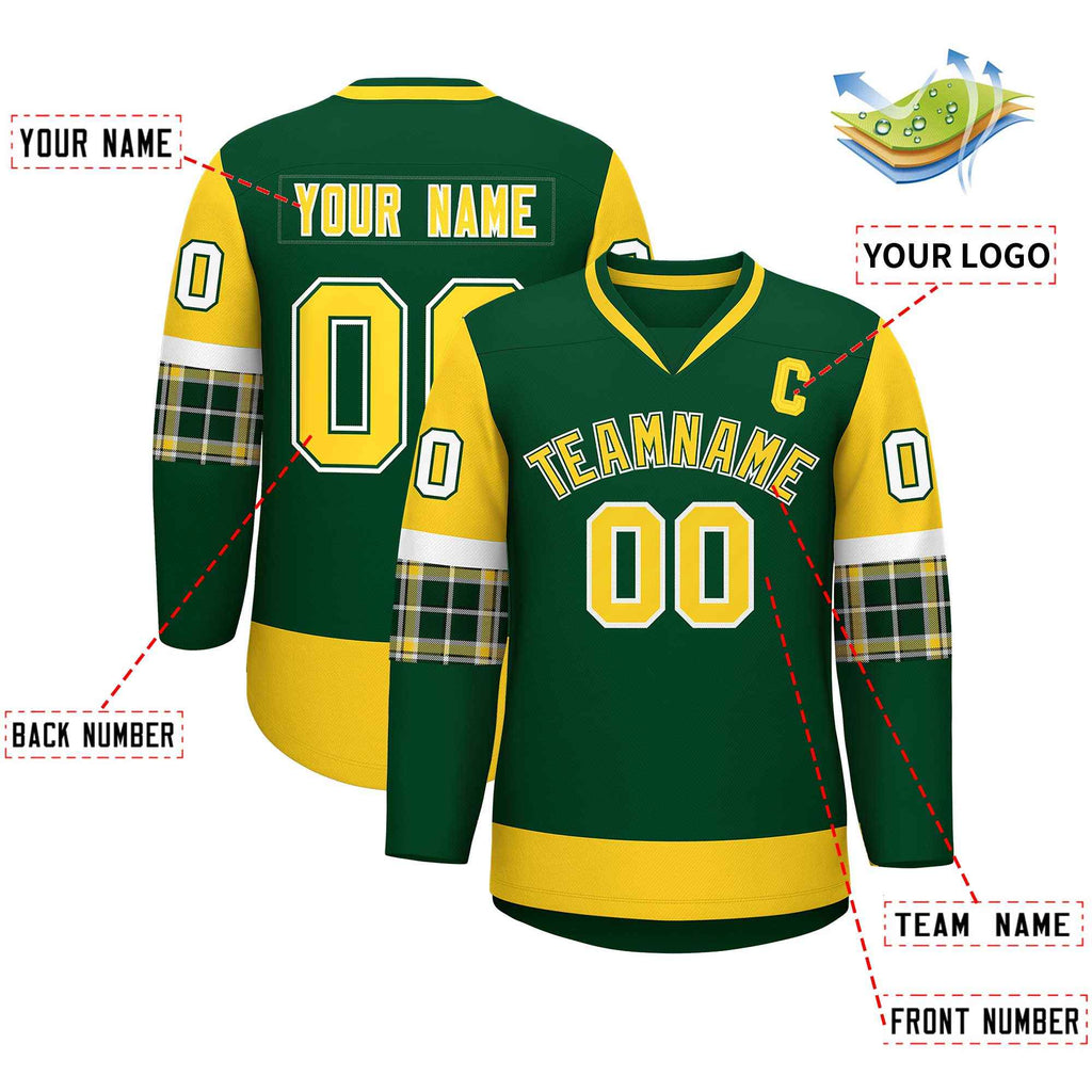 Custom Green Gold-White Personalized Raglan Sleeves V-Neck Hockey Jersey