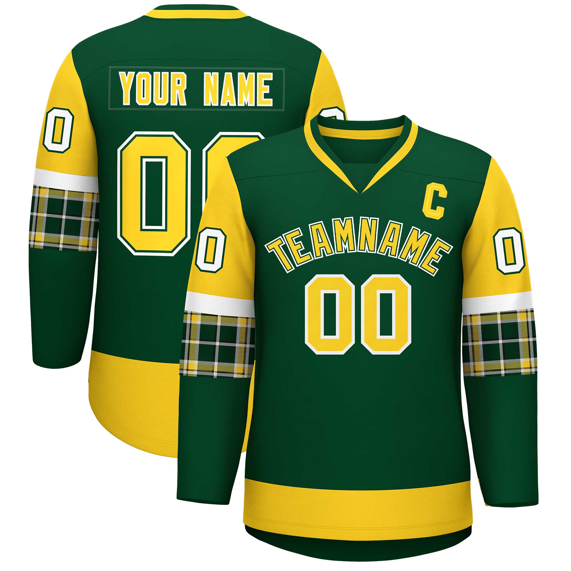 Custom Green Gold-White Personalized Raglan Sleeves V-Neck Hockey Jersey
