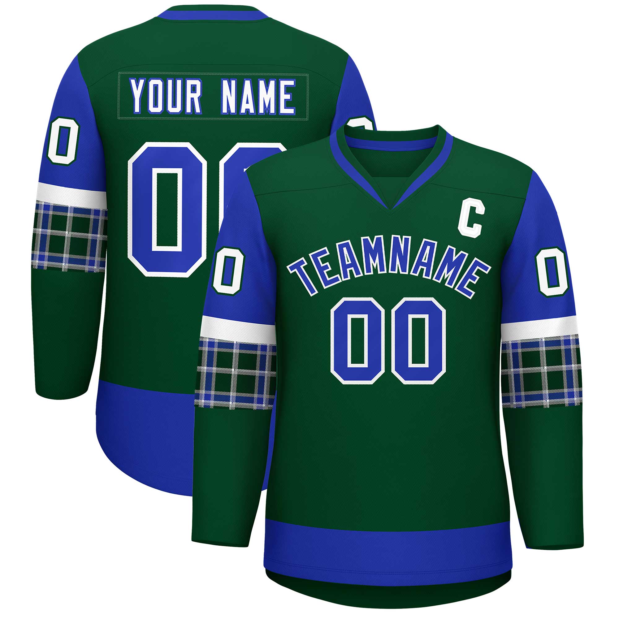 Custom Green Royal-White Personalized Raglan Sleeves V-Neck Hockey Jersey