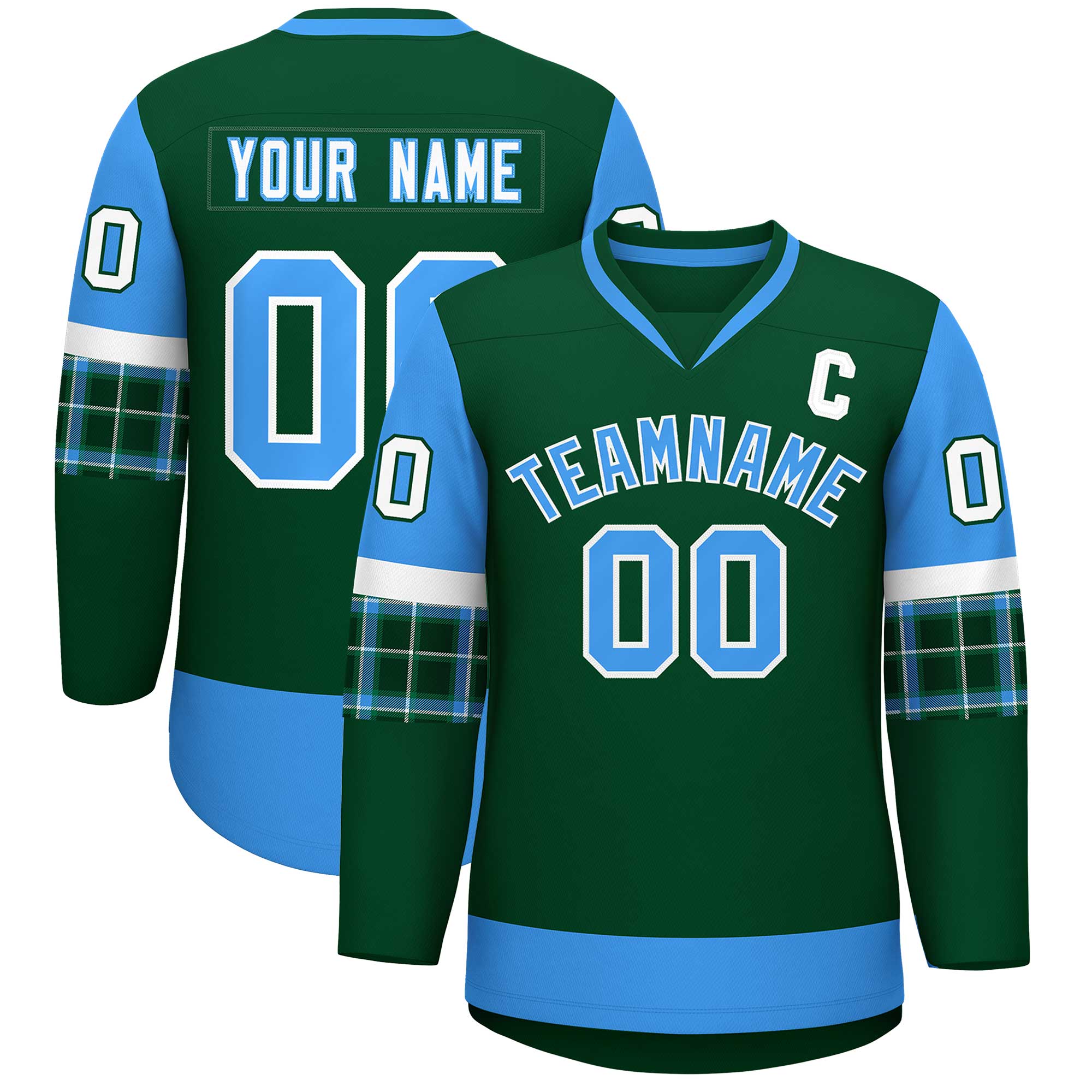 Custom Green Powder Blue-White Personalized Raglan Sleeves V-Neck Hockey Jersey