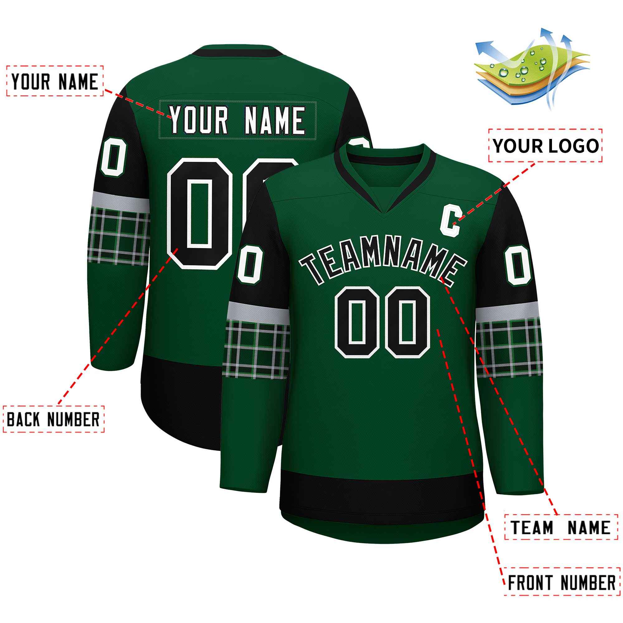 Custom Green Black-White Personalized Raglan Sleeves V-Neck Hockey Jersey