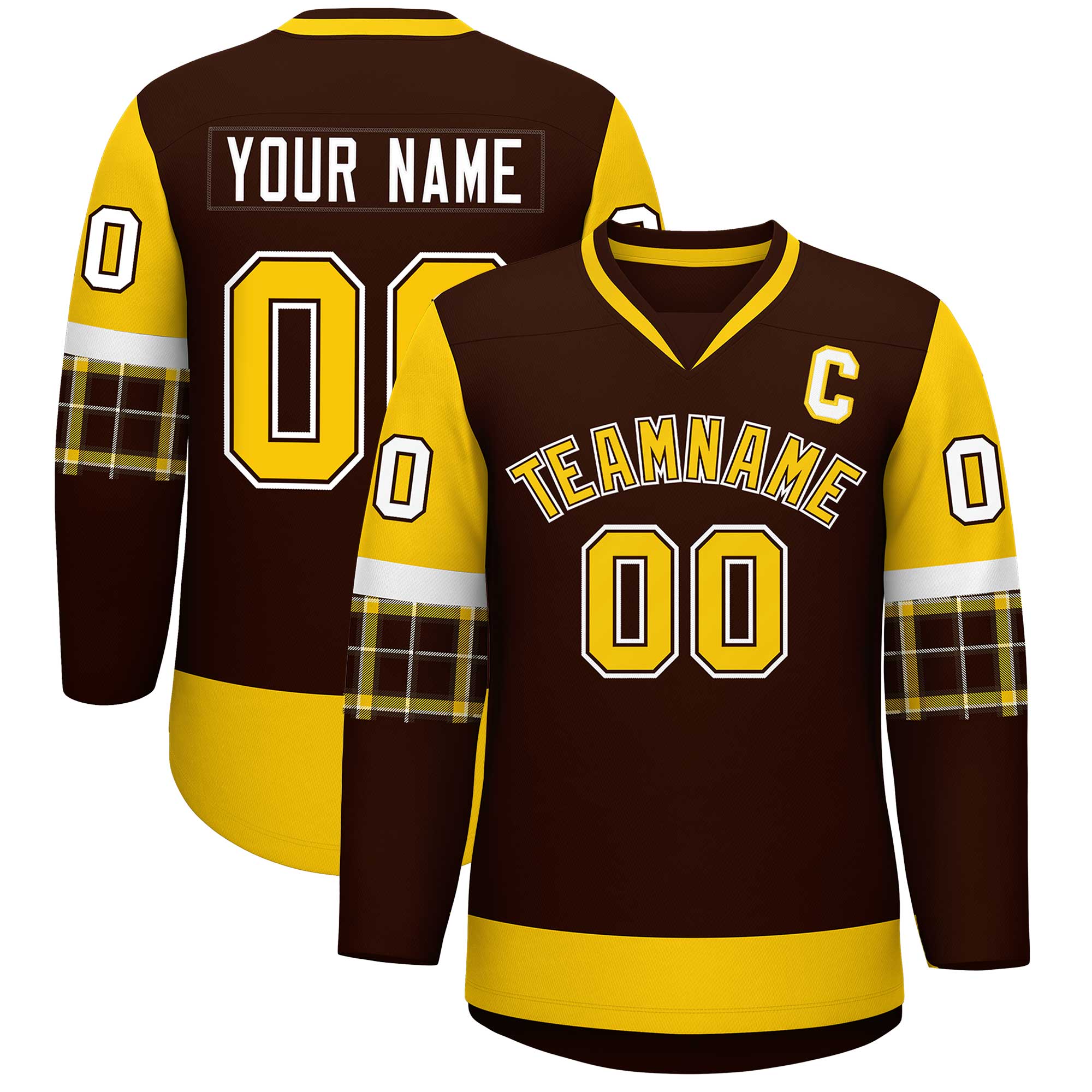 Custom Brown Gold-White Personalized Raglan Sleeves V-Neck Hockey Jersey