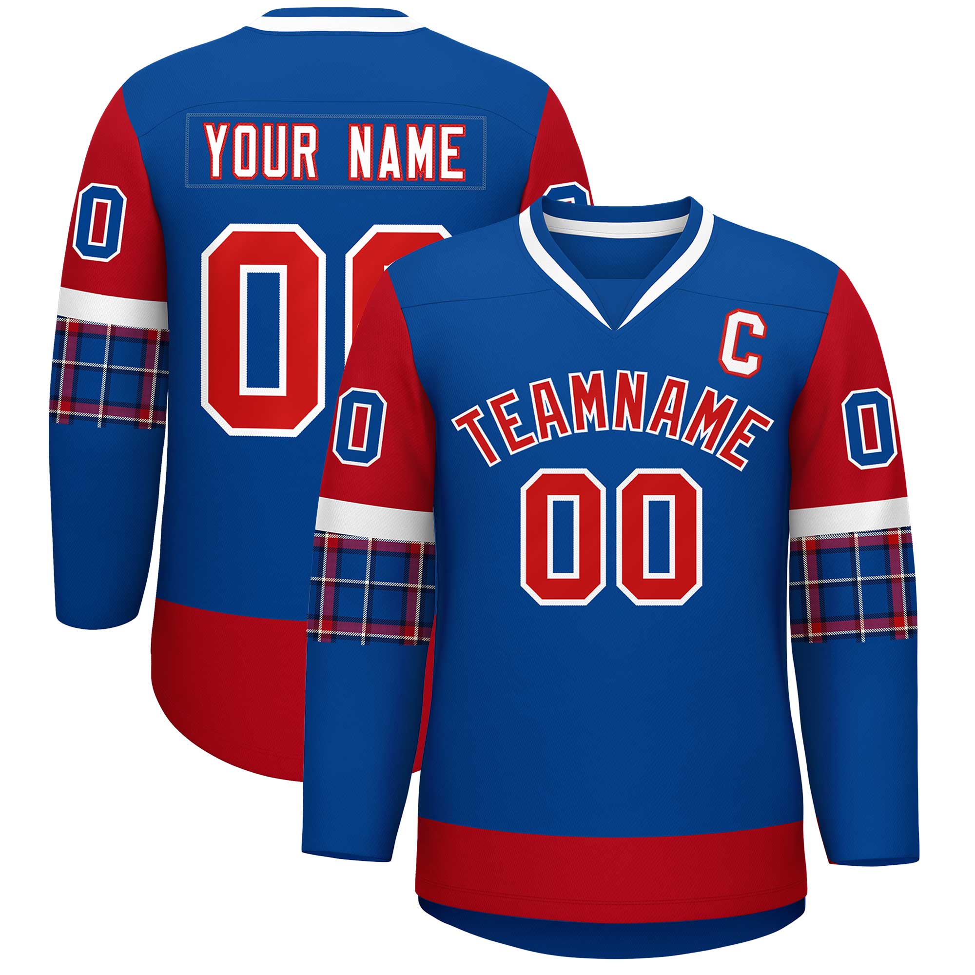 Custom Royal Red-White Personalized Raglan Sleeves V-Neck Hockey Jersey